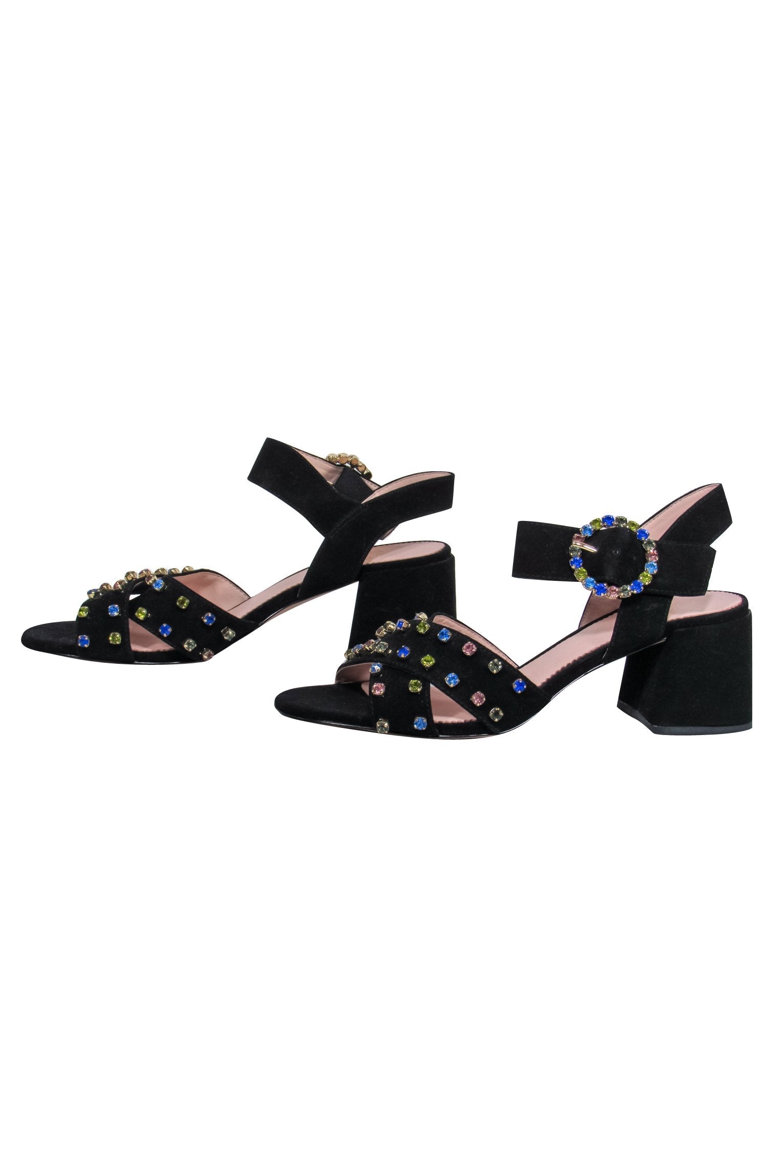 J.Crew Black Suede Strappy Block Heel Pumps with Jewel Embellishments - Size 7.5