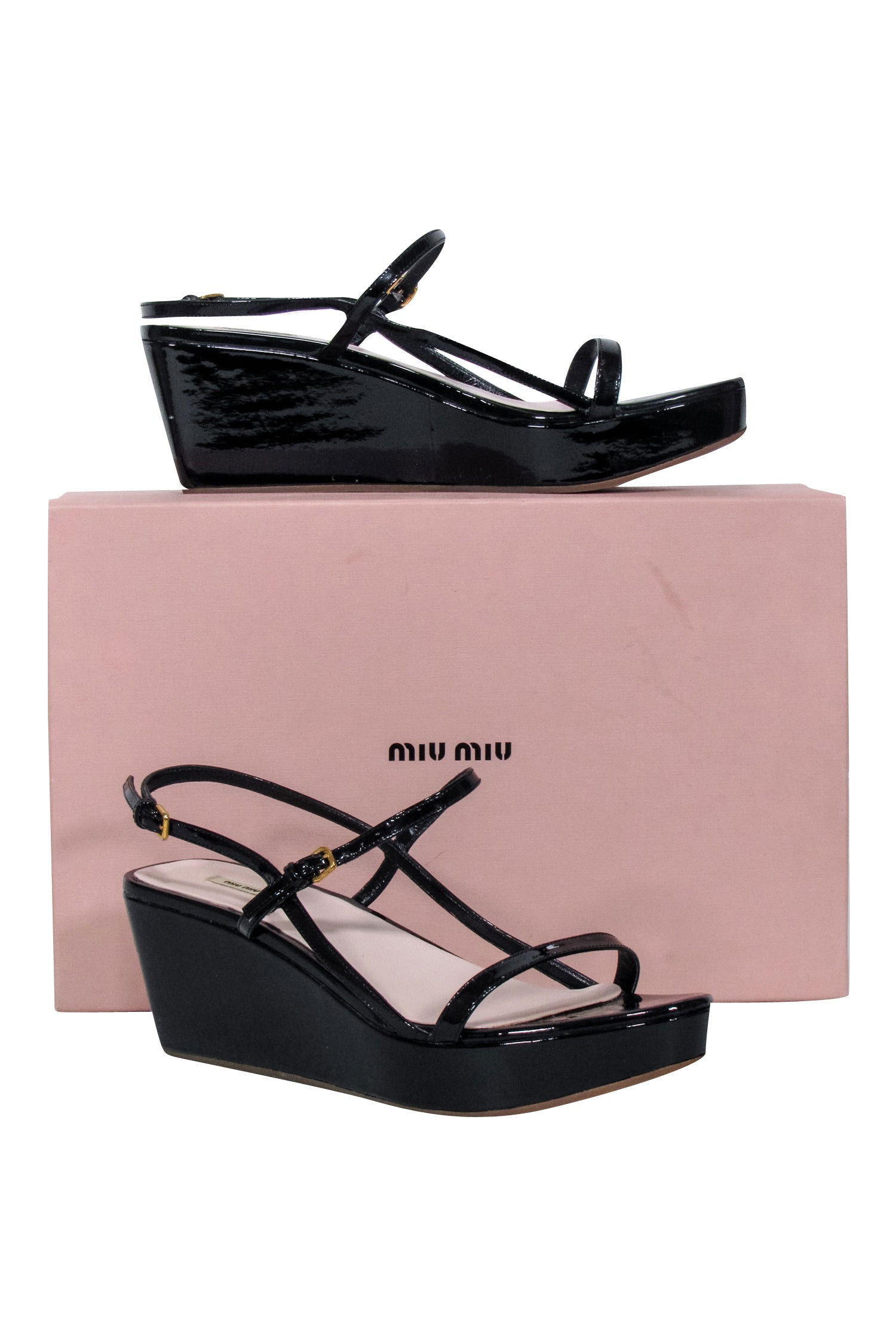 Miu Miu Glamorous Black Patent Leather Platform Wedge Sandals - Size 9.5