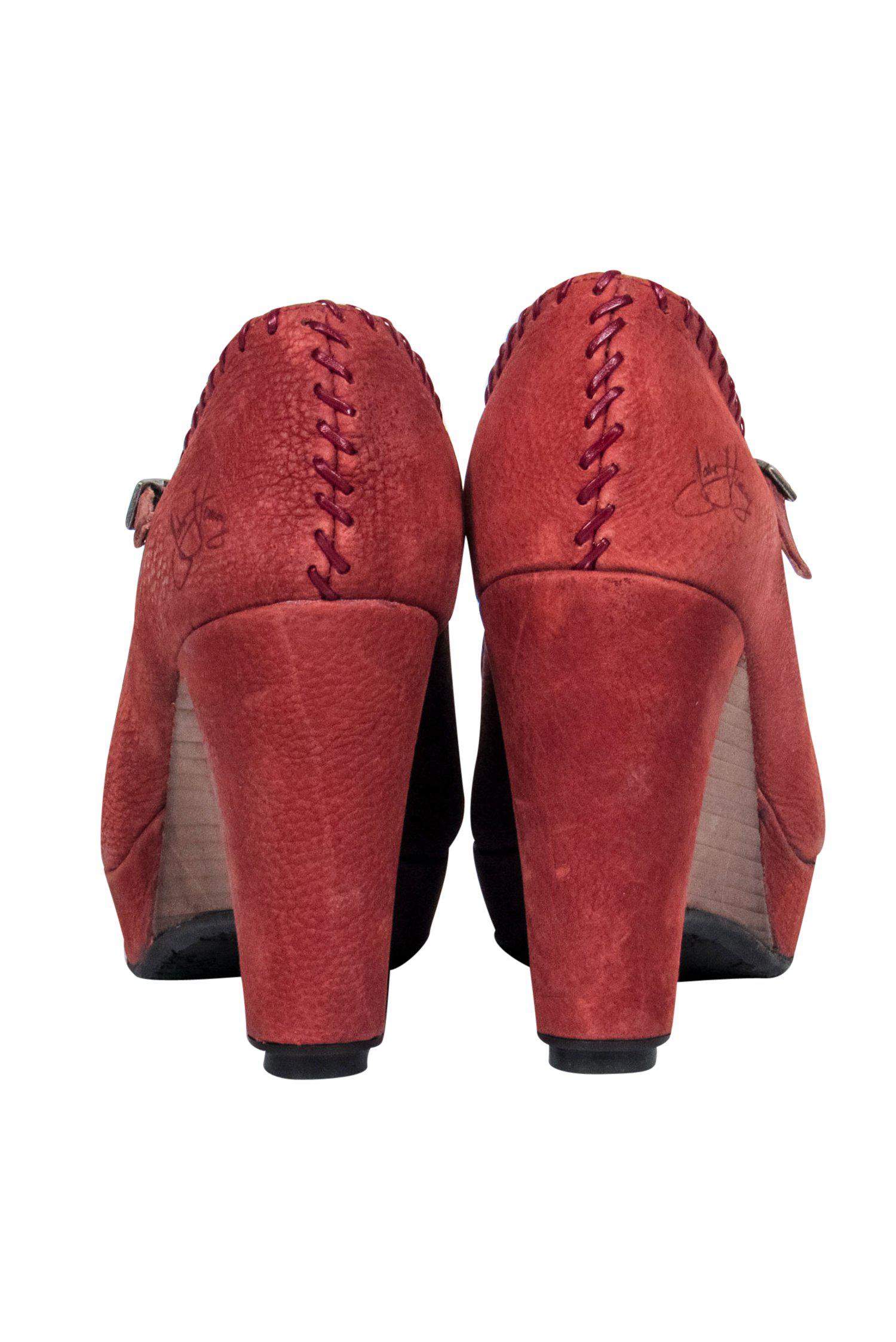 John Fluevog Rust Leather T-Strap Wedge Heels - Size 9, A Whimsical Fashion Statement
