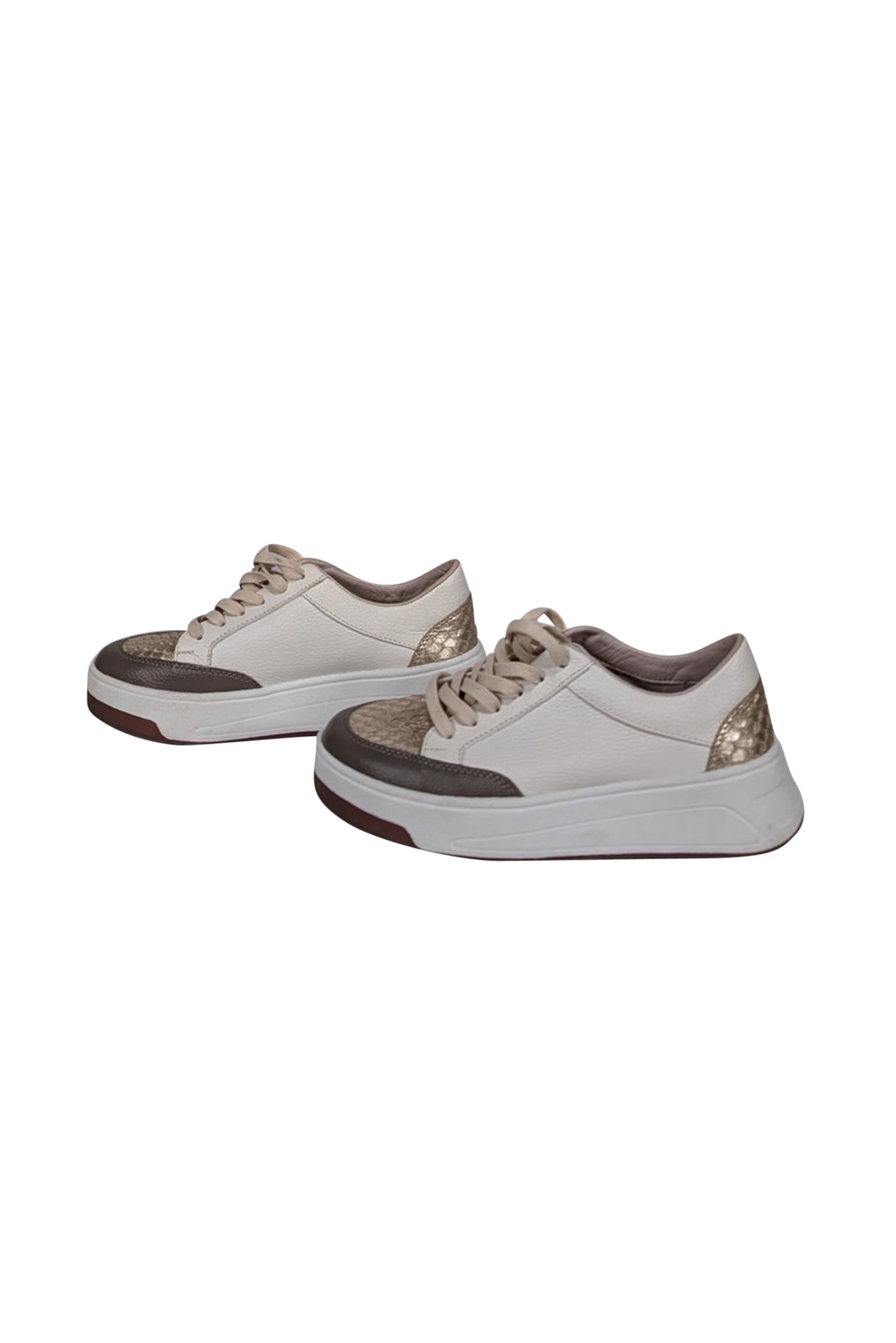 Nora Lozza Ivory Luxury Sneakers with Gold Snake Skin Embossed Leather - Size 5