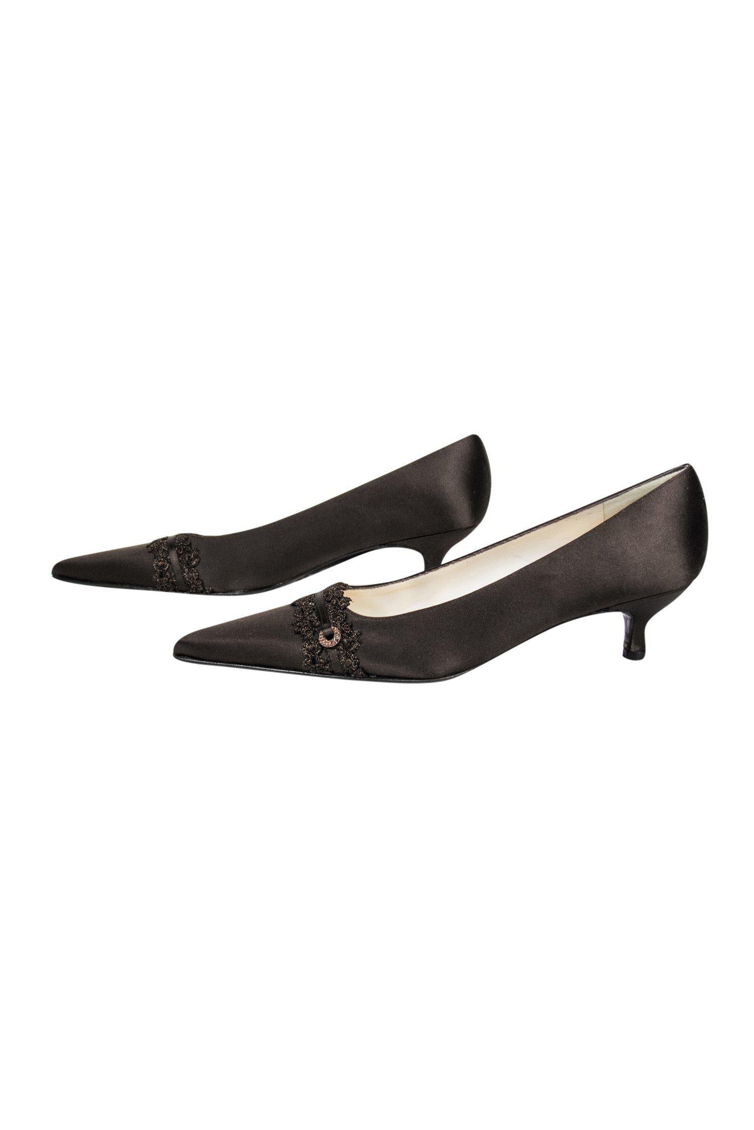 Stuart Weitzman's Stunning Brown Satin Kitten Heels with Metallic Applique - Size 9.5