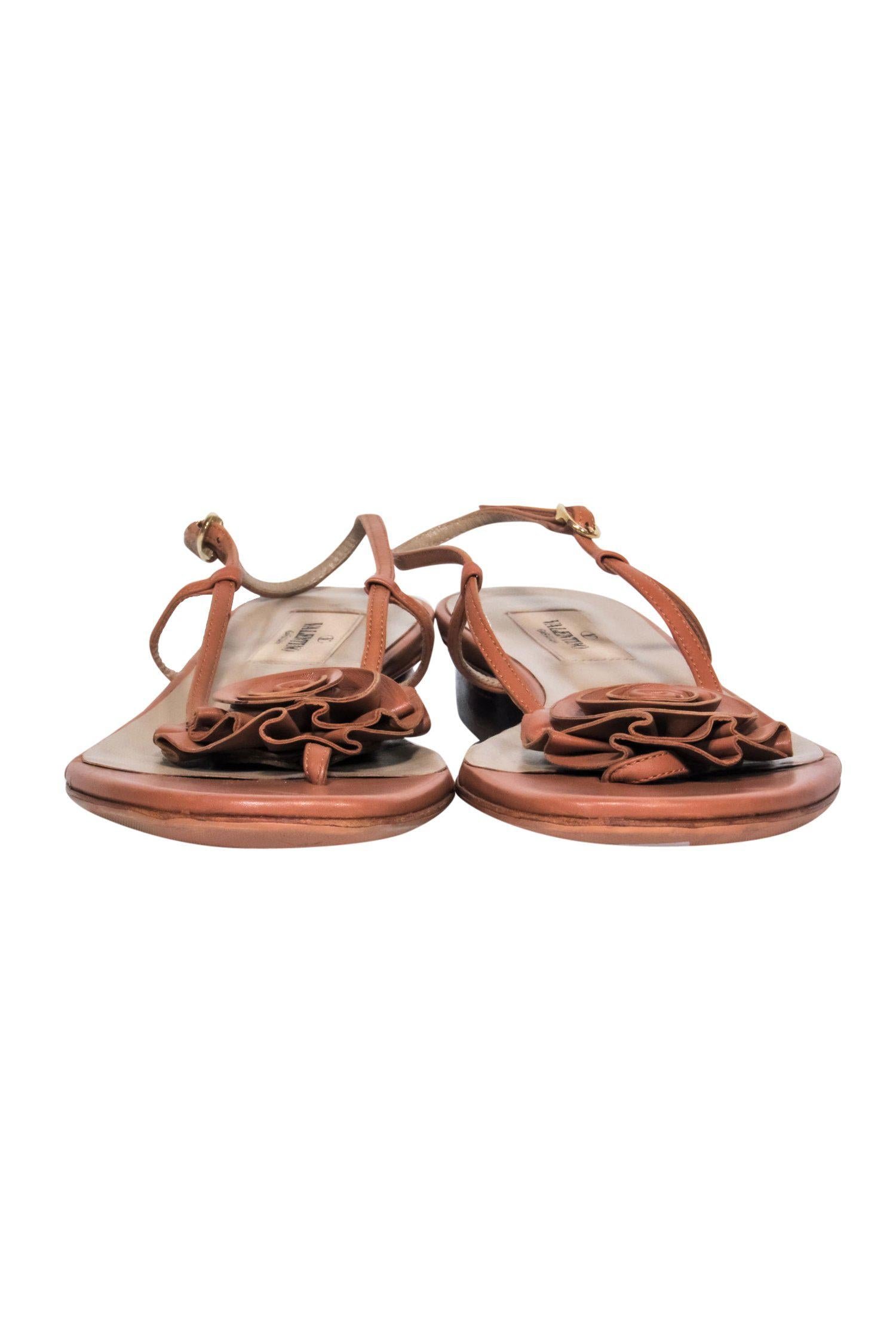 Valentino's Stunning Brown Leather Strappy Heeled Sandals with Rosette Design - Size 9
