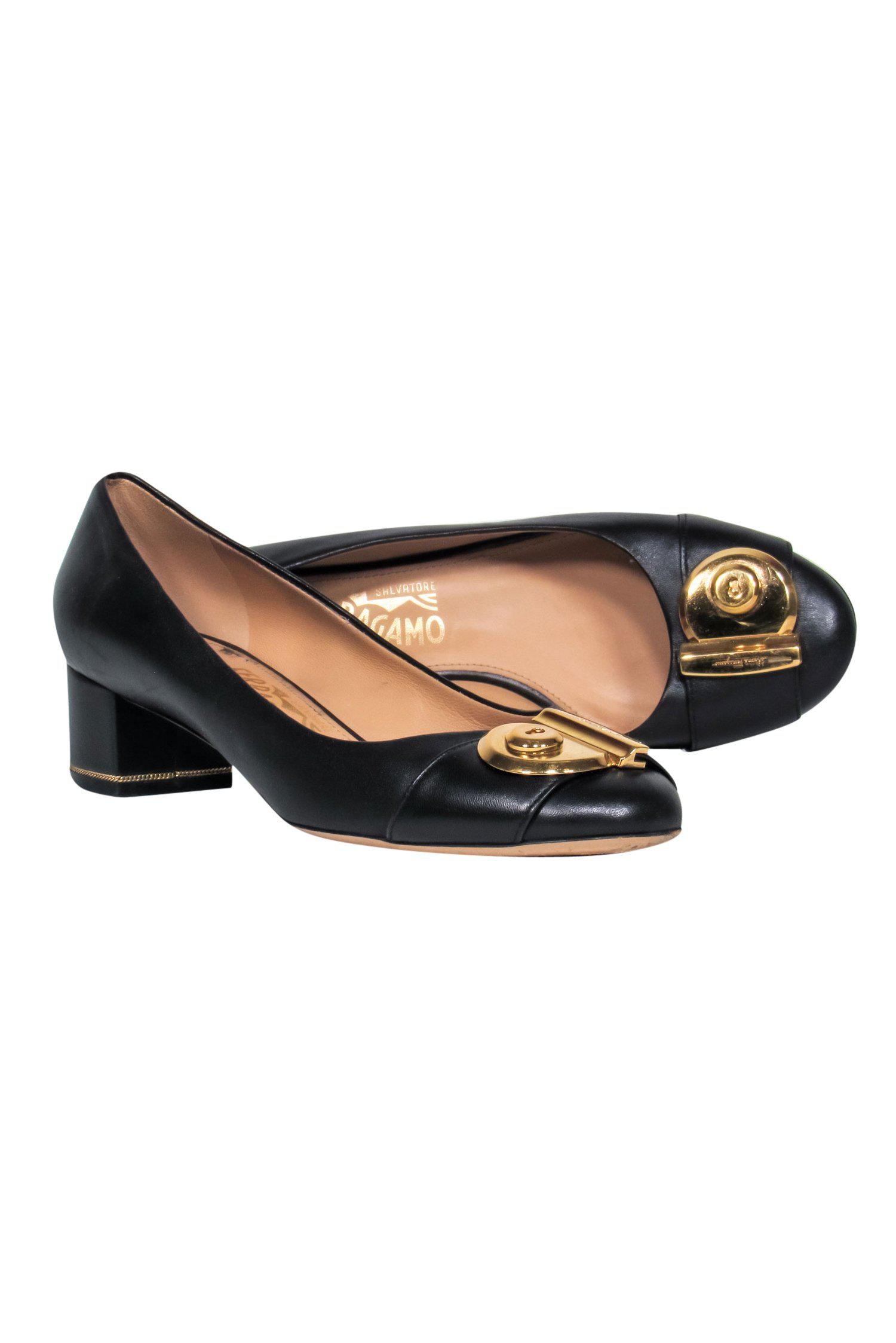 Ferragamo's Stunning Black Leather Block Heeled Pumps with Gold Lock - Size 8