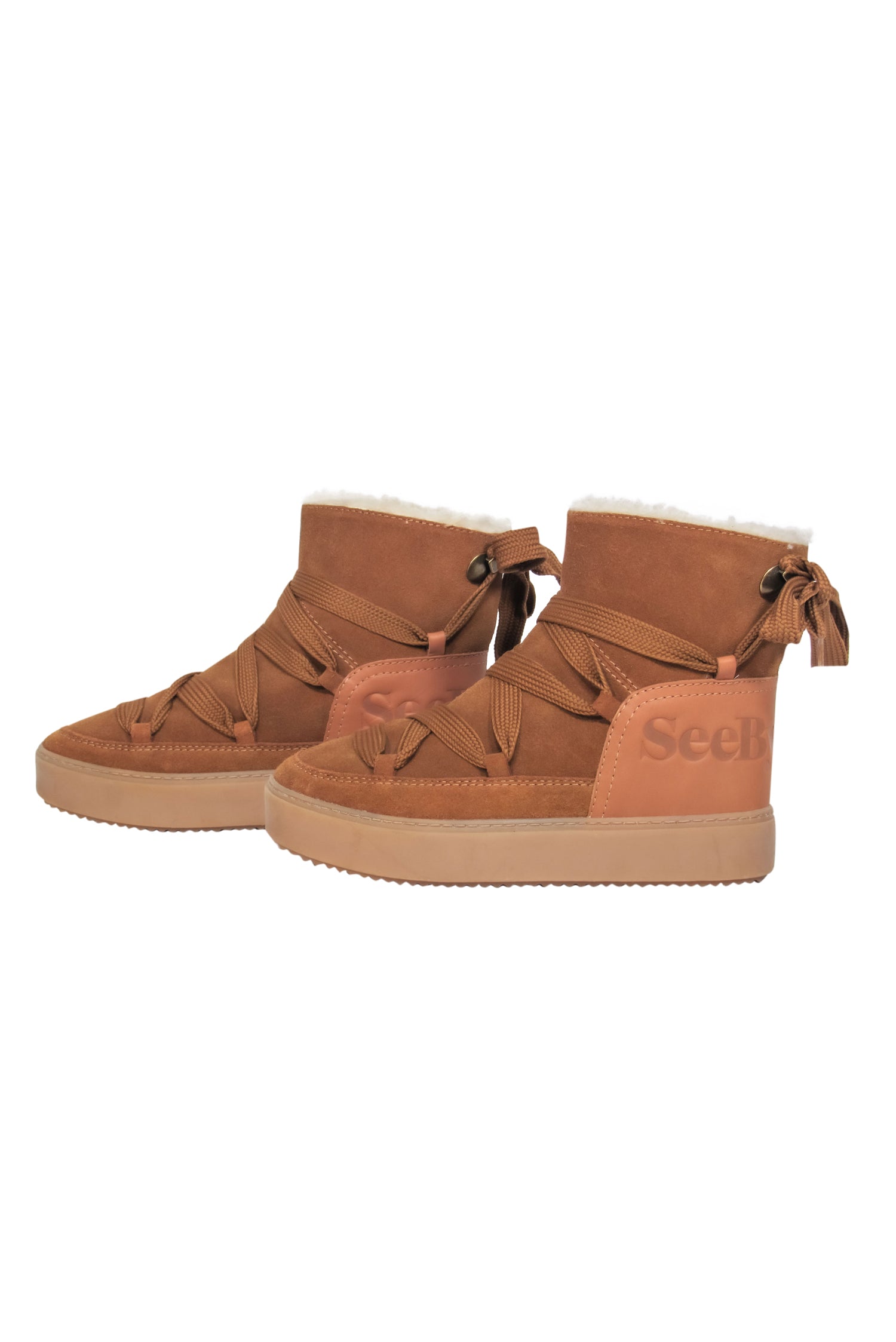 See by Chloe - Stylish Brown Suede Shearling-Lined Lace-Up Moccasin Boots in Size 9