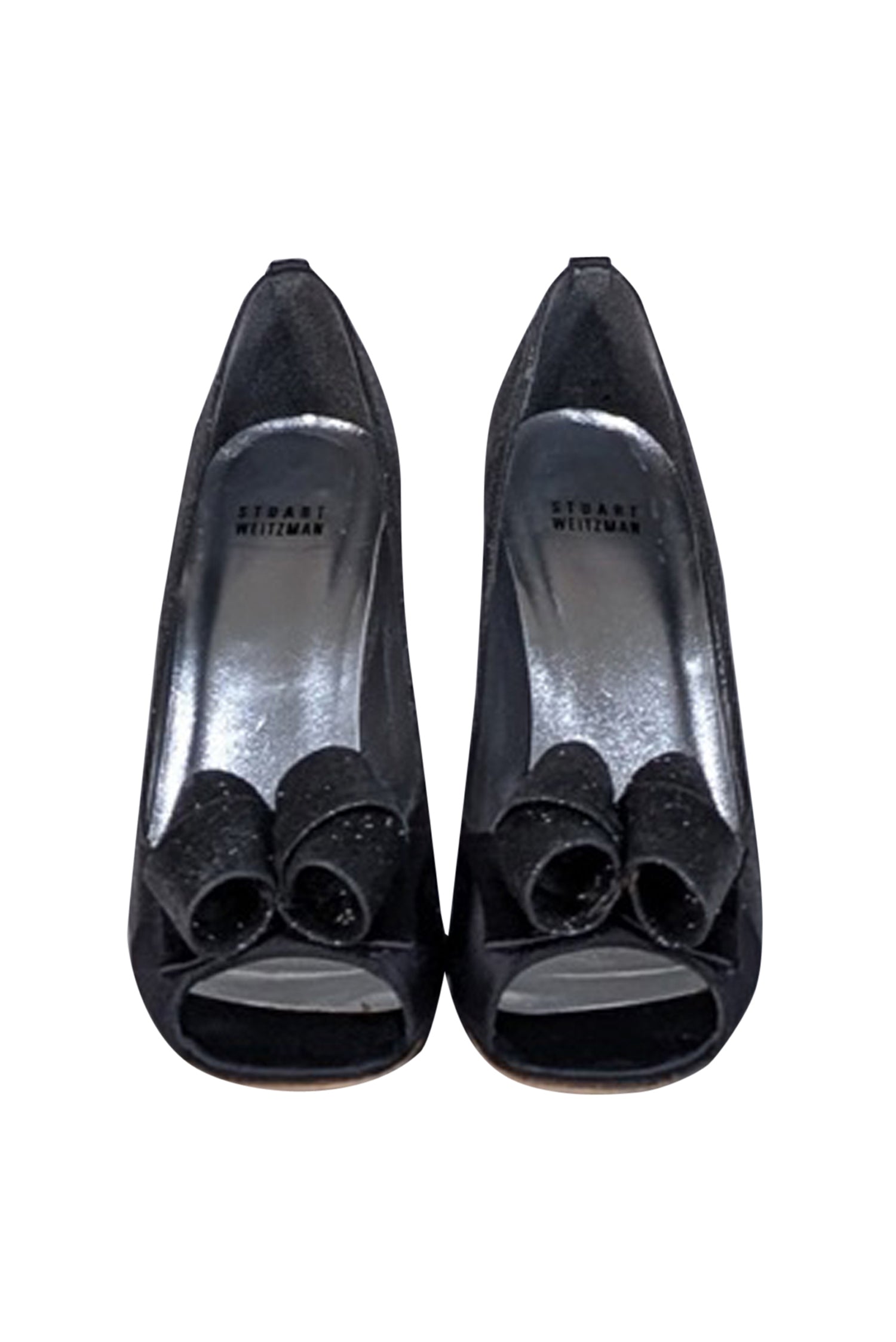 Stuart Weitzman Black Glitter Peep Toe Bow Pumps - Size 9, Sparkle for Special Occasions!