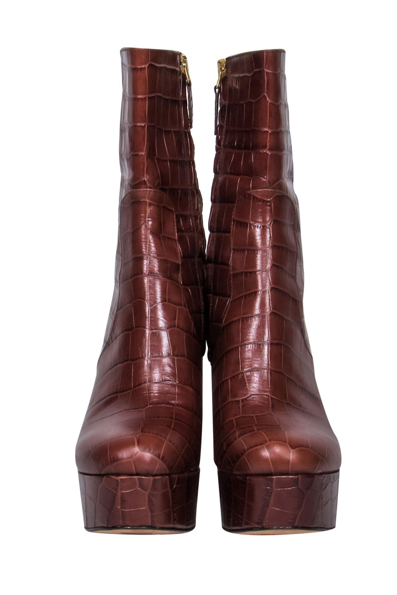 Paris Texas Brown Embossed Leather Platform Block Heel Boots - Size 8 - Unleash Your Rebellious Style!