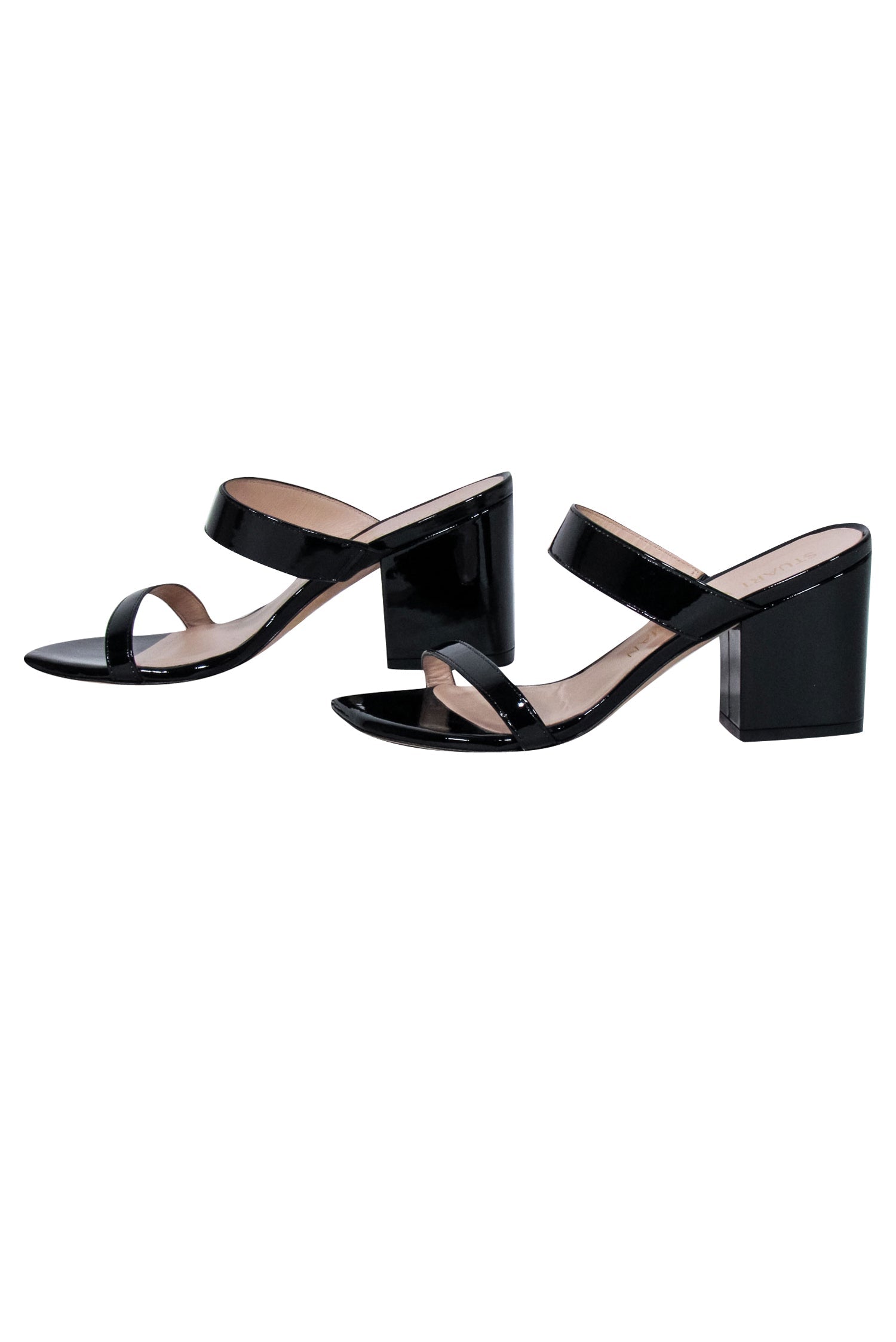 Stuart Weitzman's Irresistible Black Patent Leather Open Toe Chunky Heel Pumps - Size 8.5