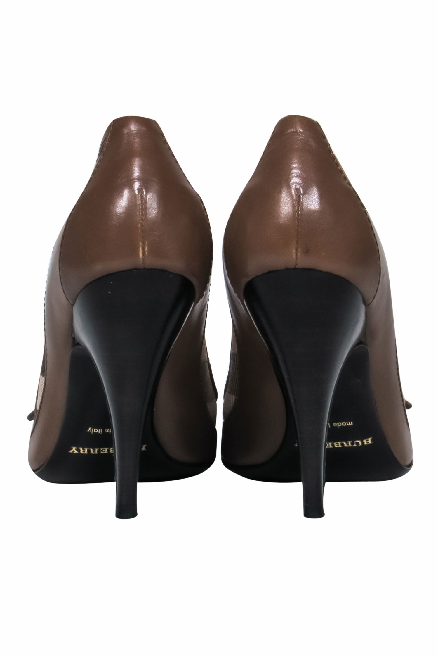 Burberry's Stylish Brown Plaid Leather Buckle Pumps - Size 5