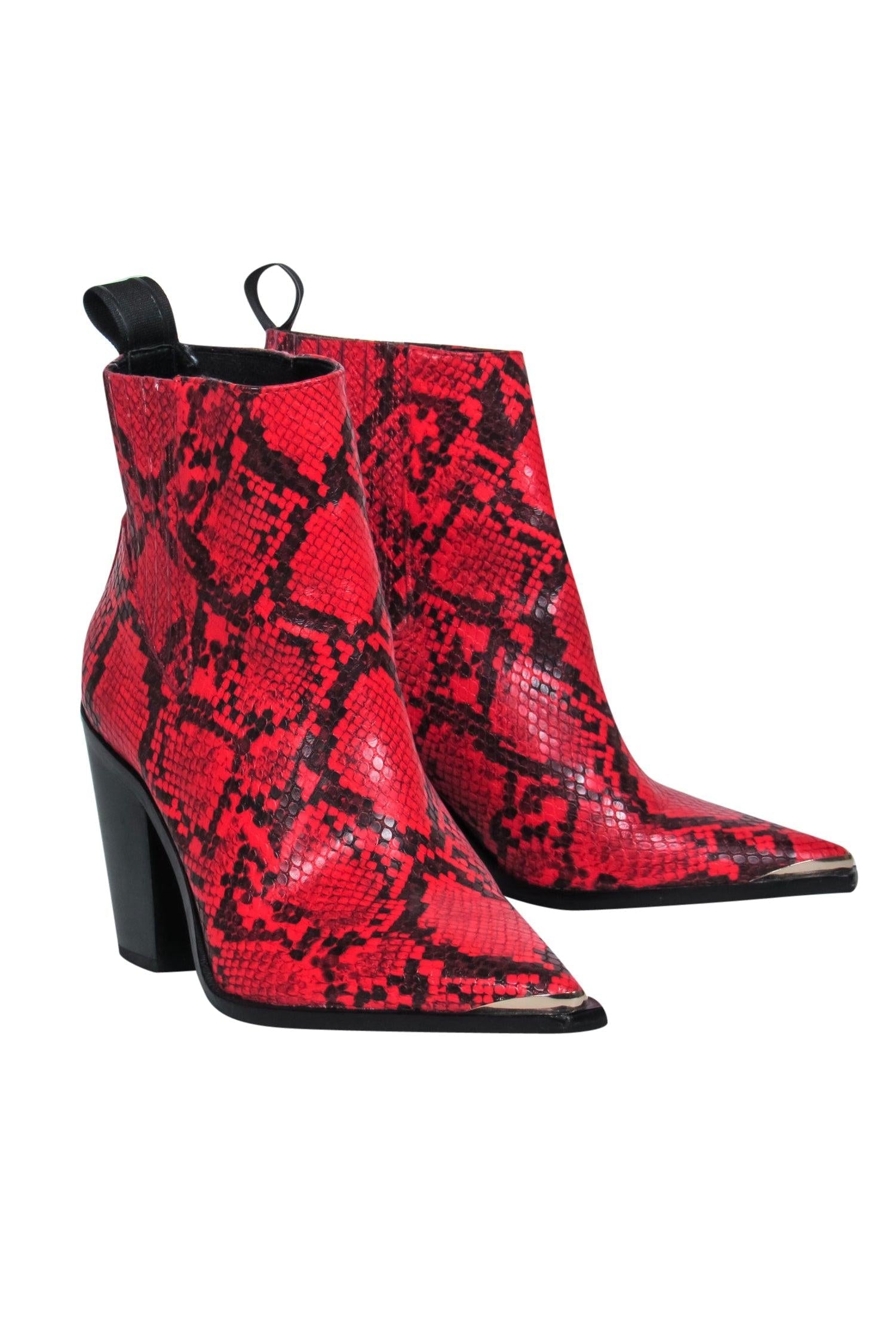 Kenneth Cole - Fiery Red Snakeskin Embossed Leather Pointed Toe Boots - Size 6.5