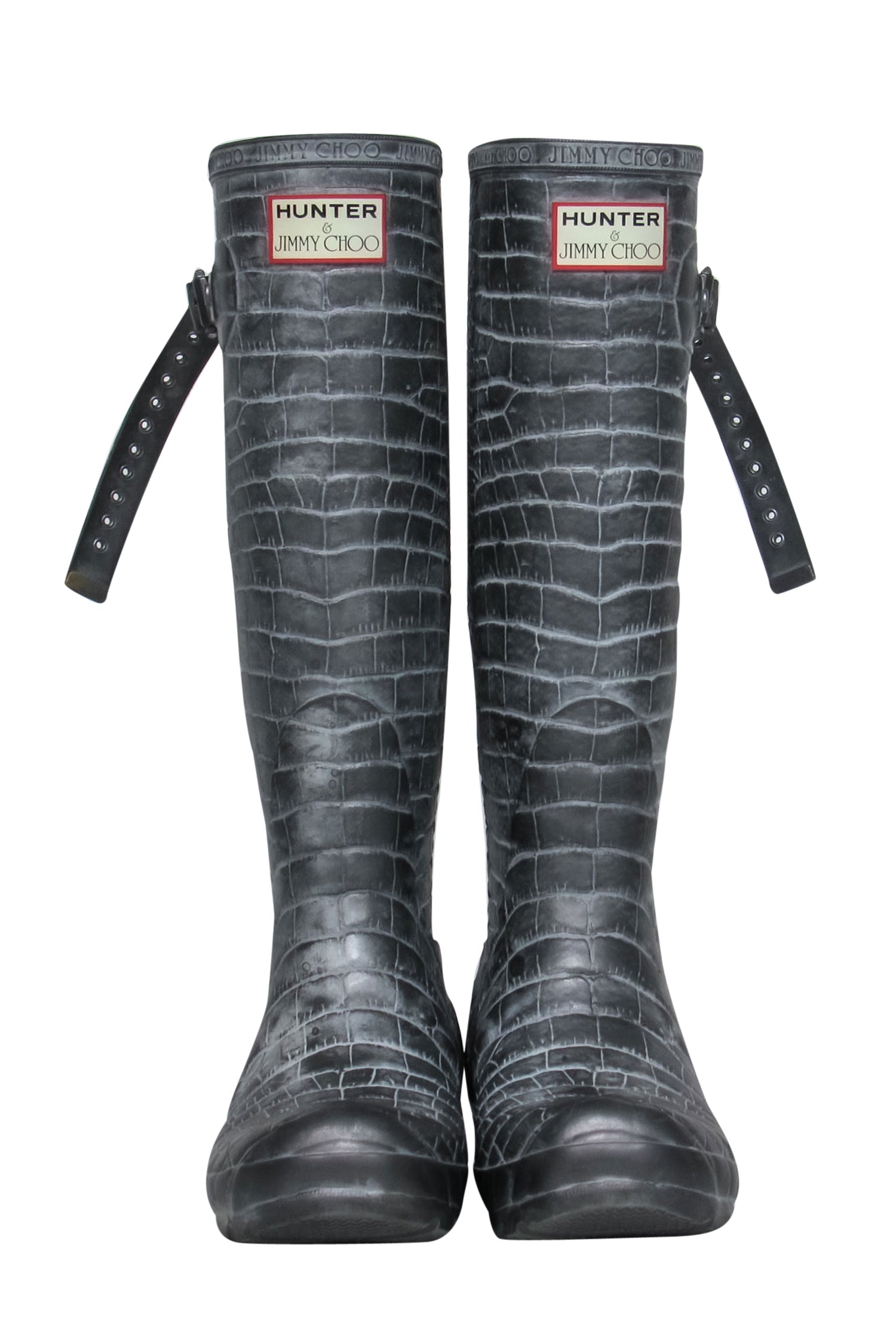 Hunter x Jimmy Choo - Stylish Grey Alligator Embossed Rain Boots with Leopard Print Interior, Size 6.5