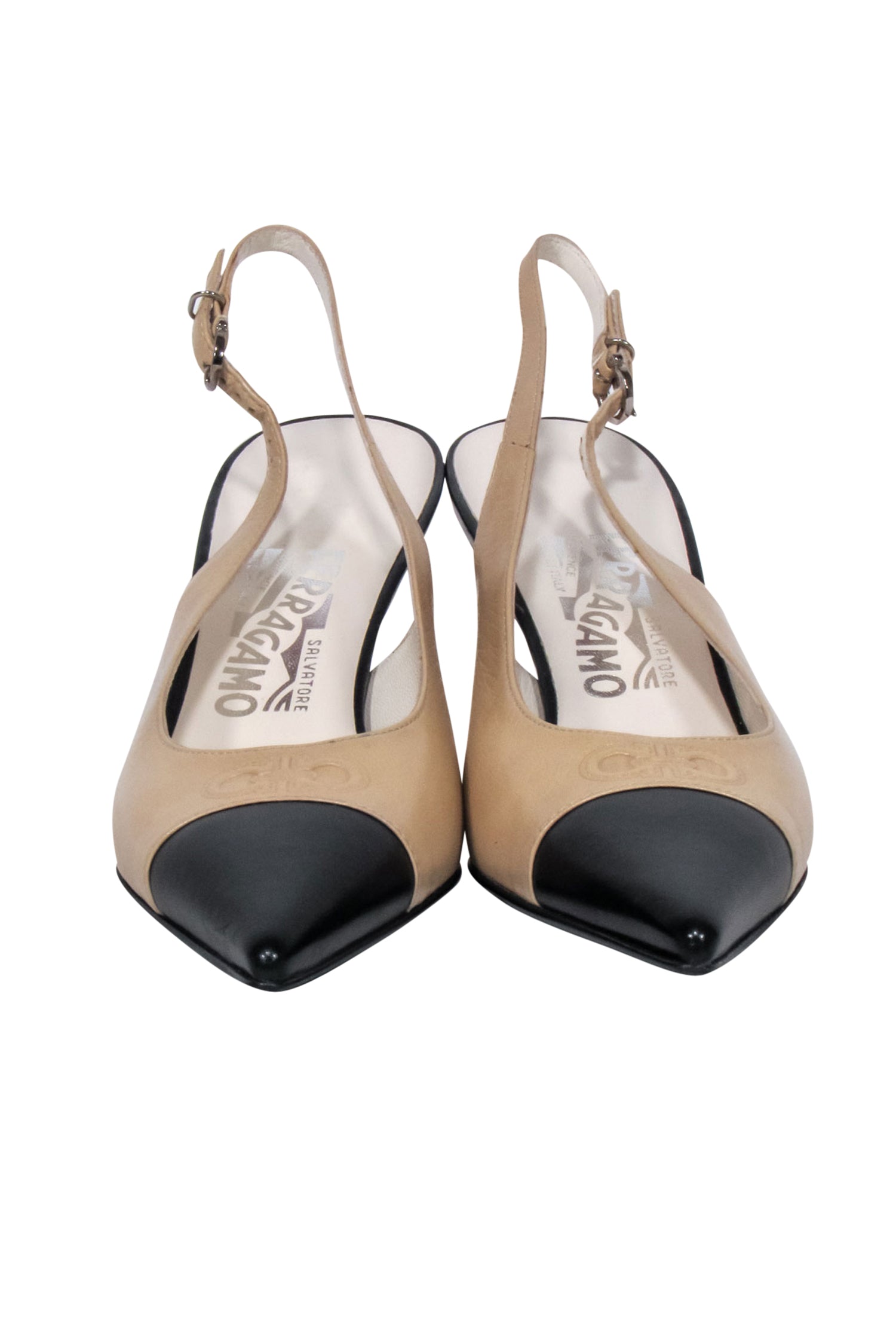 Ferragamo Cream & Black Cap Toe Slingback Pumps - Size 6.5: Elevate Your Style!