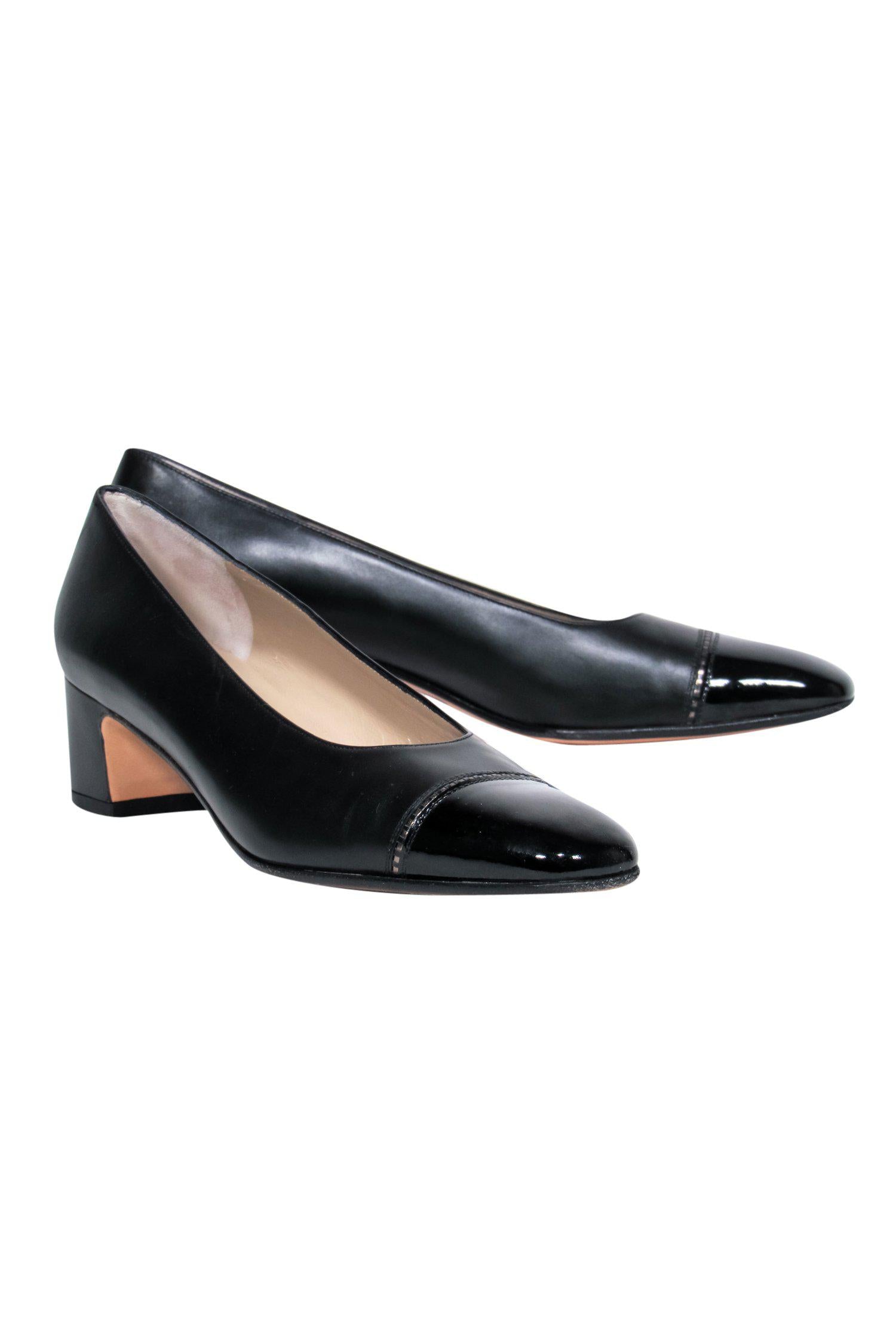 Ferragamo's Stylish Black Leather Block Heel Pumps with Patent Leather Cap Toe - Size 7.5