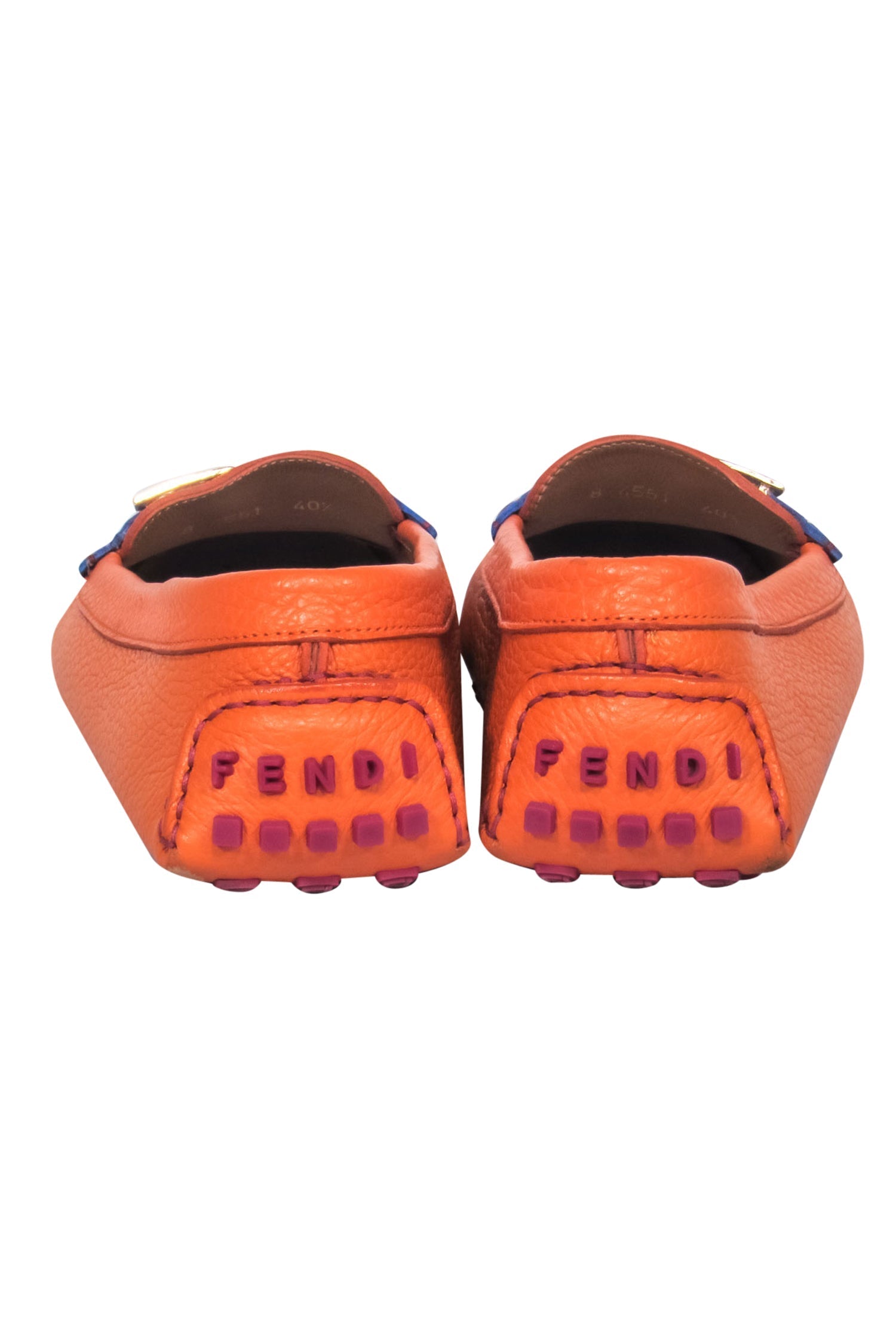 Fendi Orange Pebbled Leather Loafers with Blue Crocodile Strap - Size 10.5