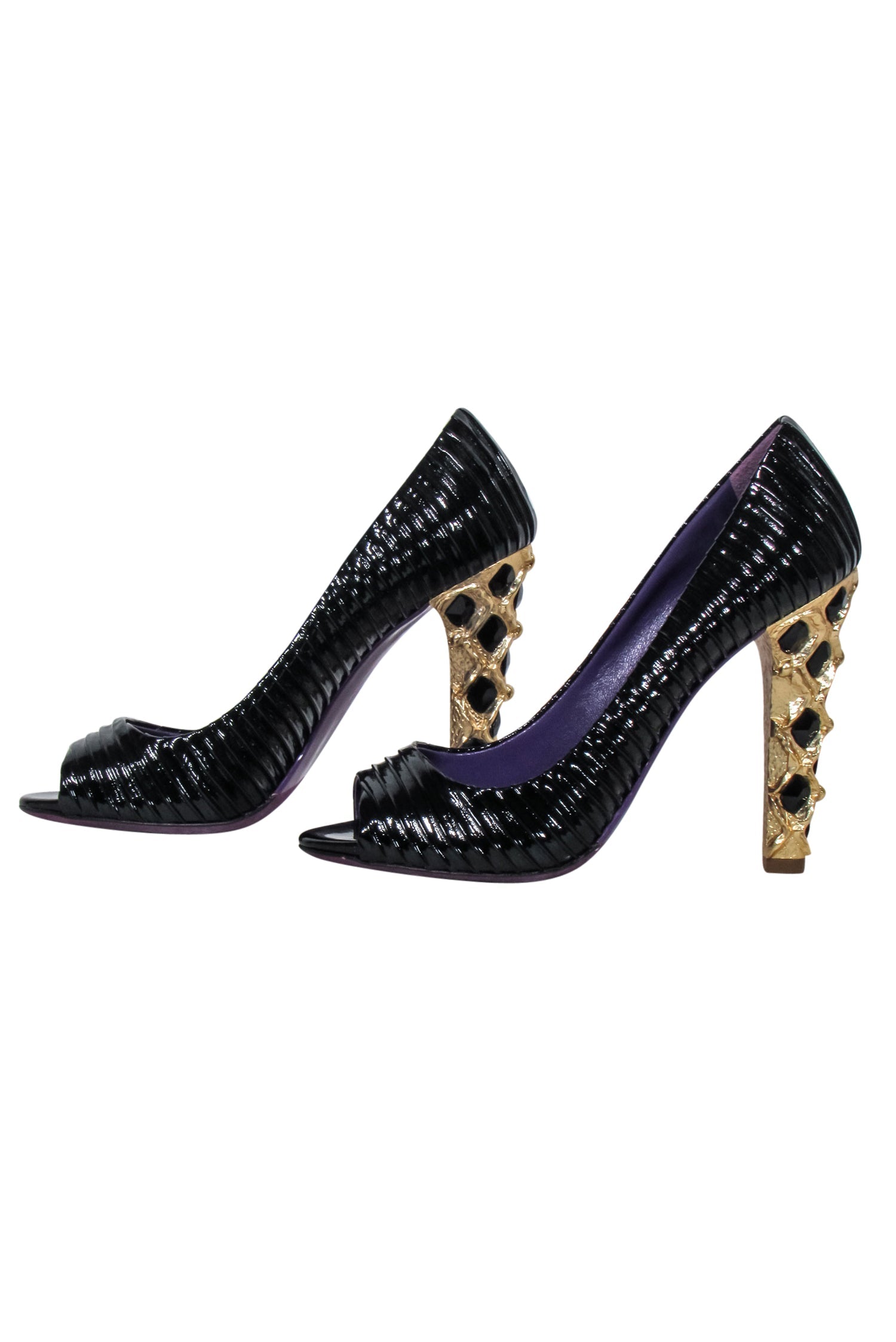 Miu Miu Black Pleated Patent Leather Heels with Rhinestone Embellished Gold Heel - Size 8.5
