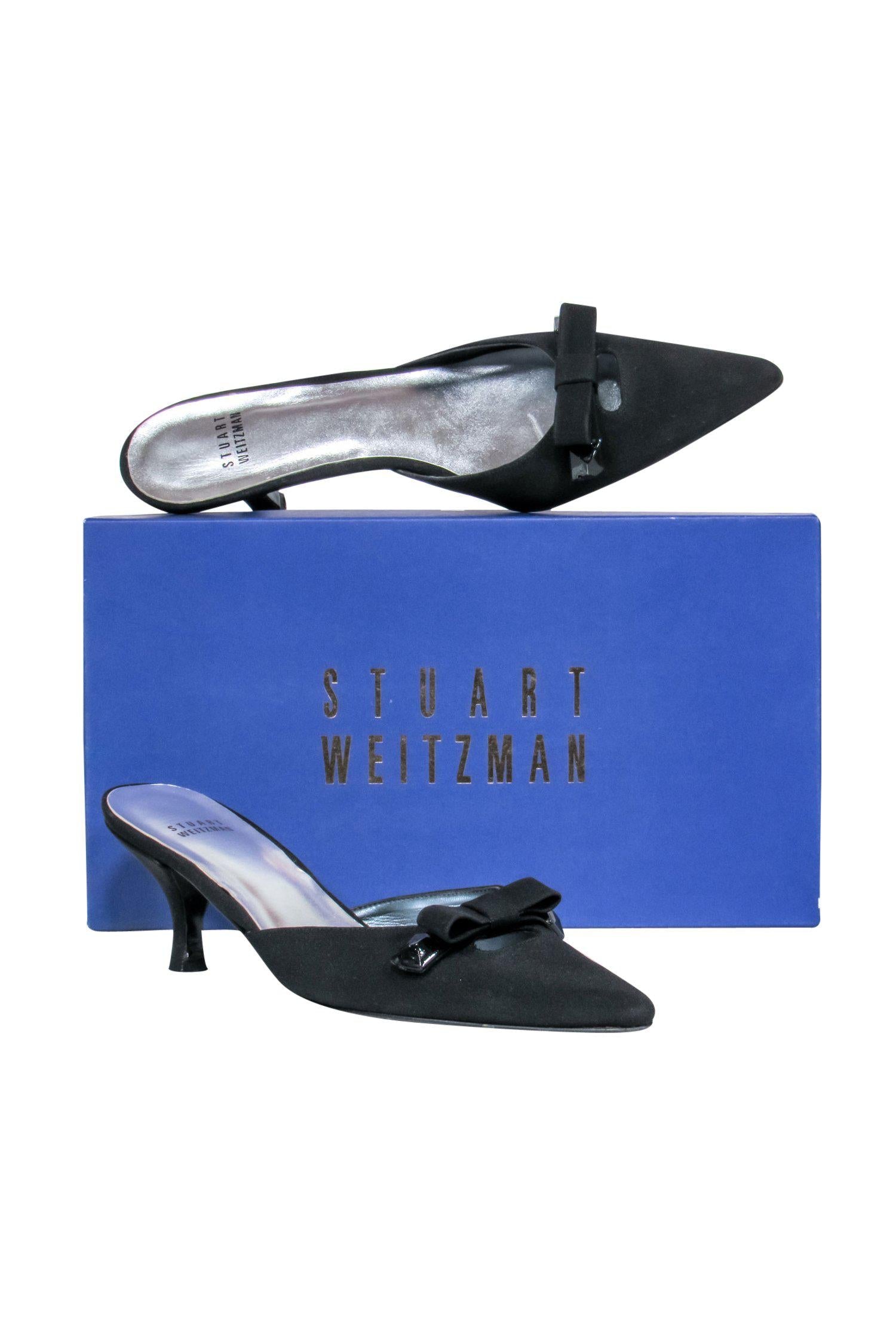 Stuart Weitzman Black Pointed Toe Kitten Heel Mules with Bows - Size 7.5: Add a Touch of Hollywood Glamour!
