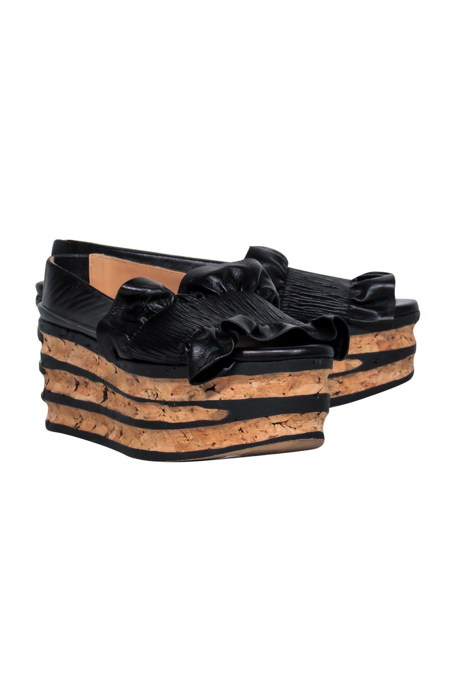 Paloma Barcelo's Black Ruffle Leather Slingback Flatform Sandals - Size 7, a Tropical Downtown Delight
