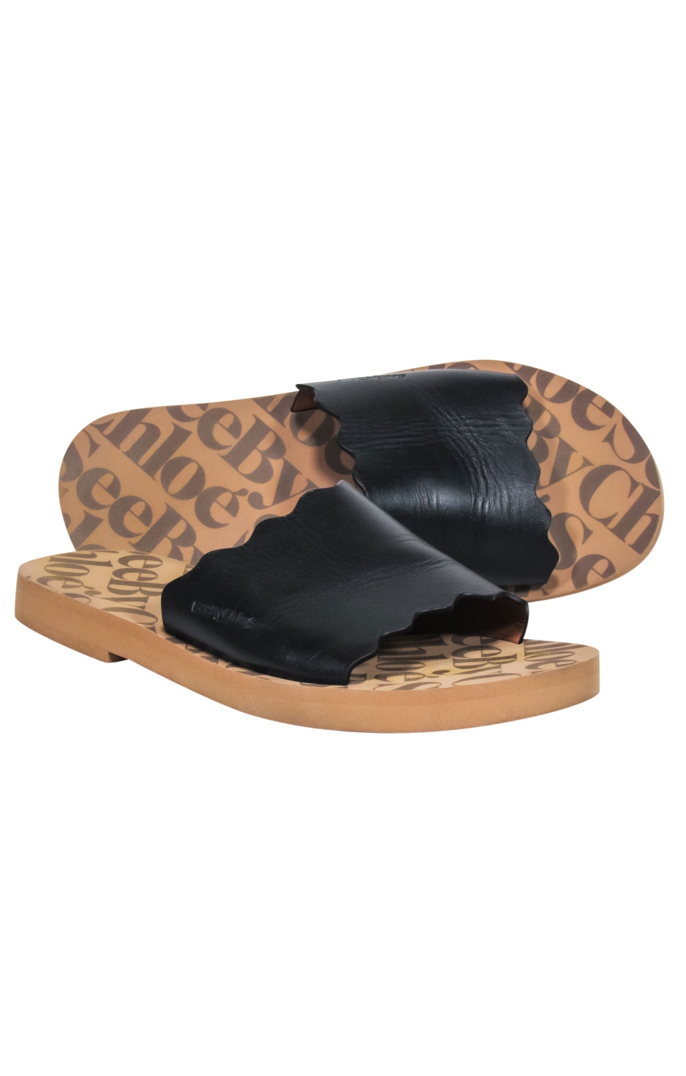 See by Chloe Black Leather Scallop Edge Slide Sandals - Size 10 - Perfect for Vacations