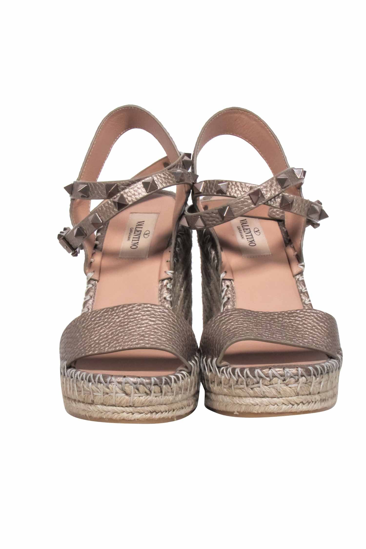 Valentino Garavani Brown Metallic Studded Wedges - Size 6.5