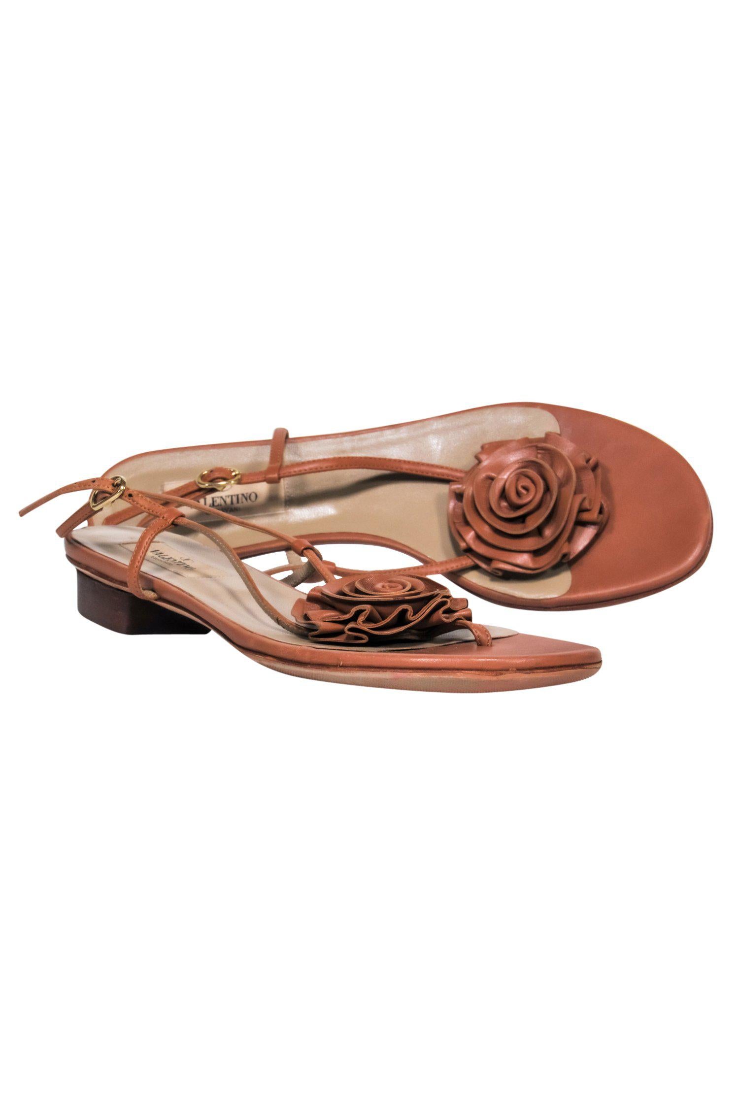 Valentino's Stunning Brown Leather Strappy Heeled Sandals with Rosette Design - Size 9