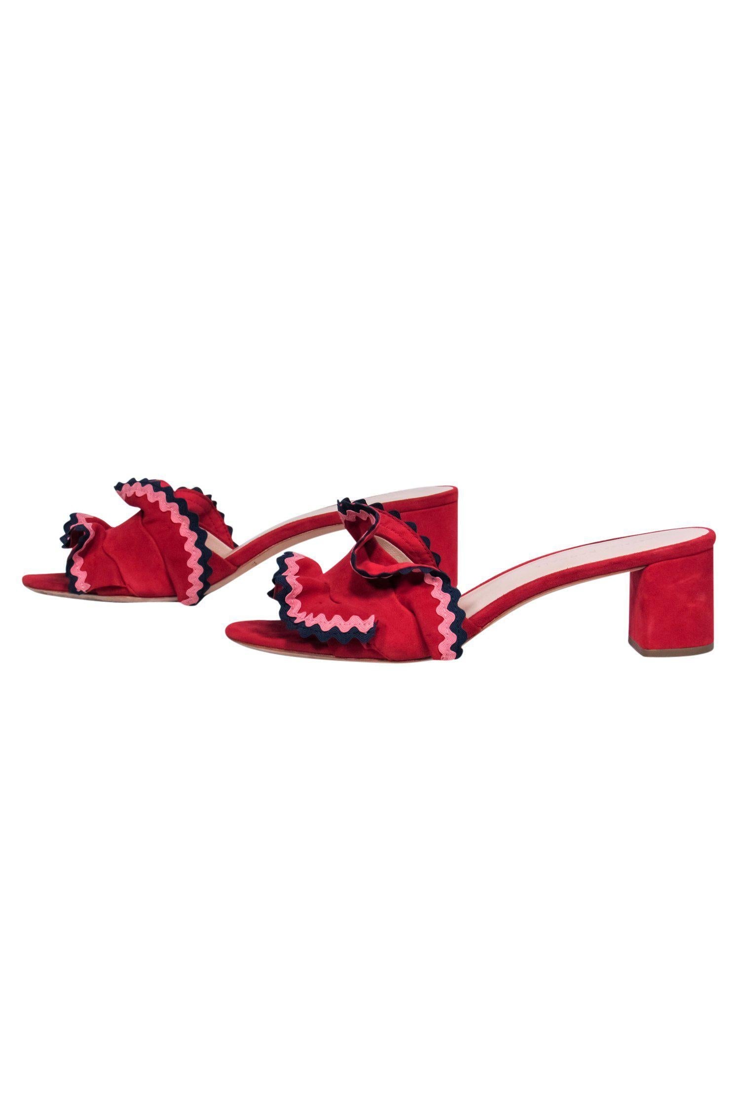 Loeffler Randall Red Ruffle Slide Block Heel Pumps with Multicolored Embroidery - Size 8.5