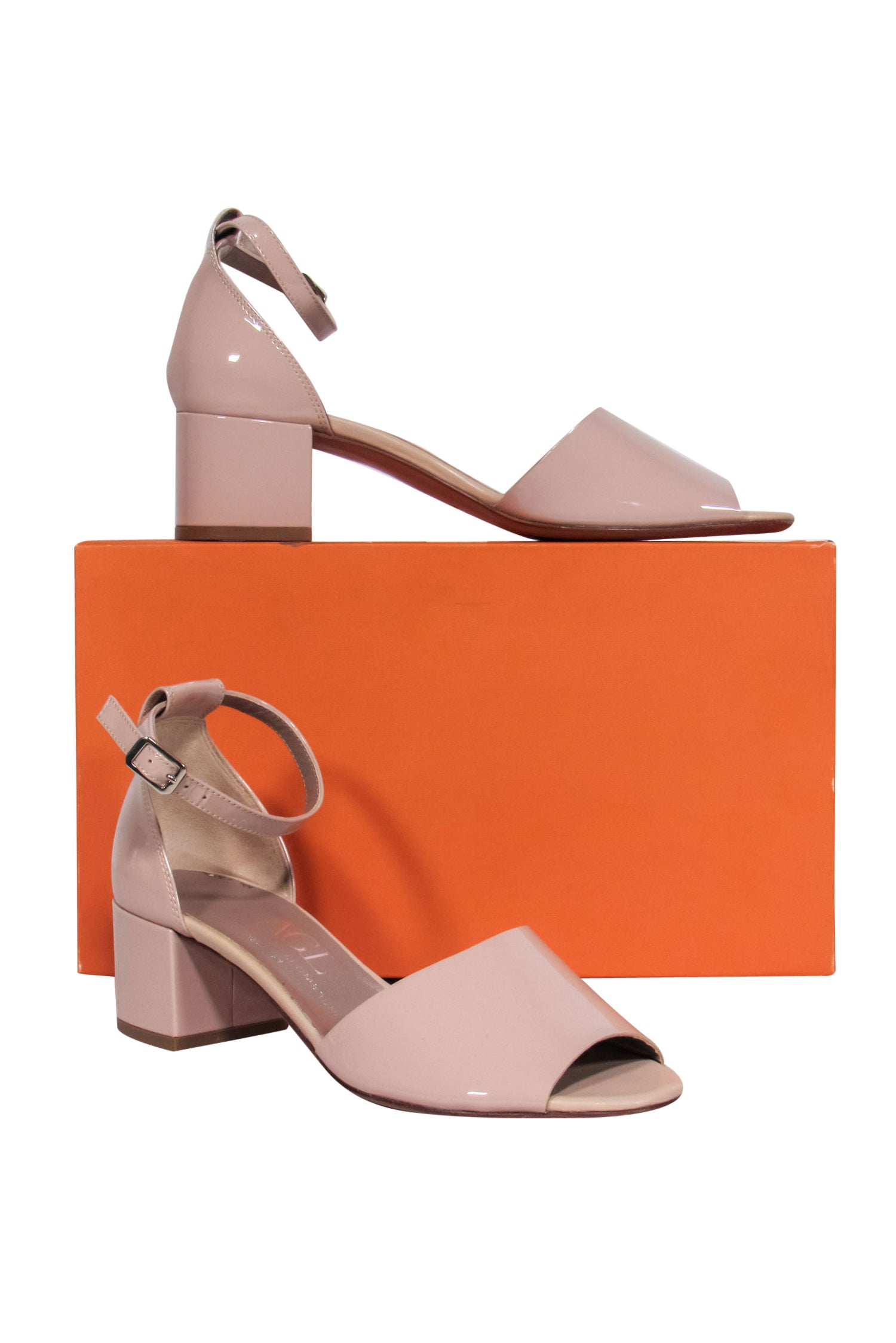 AGL Nude Patent Leather Ankle - Strap Block Heels, Size 10