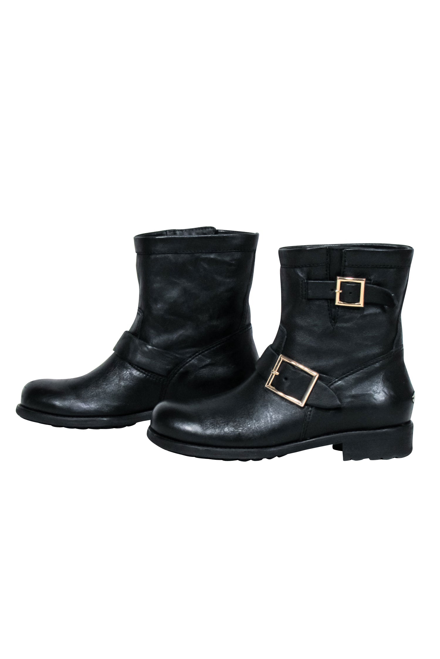 Jimmy Choo's Stunning Black Leather Ankle Buckle Short Boots - Size 7.5