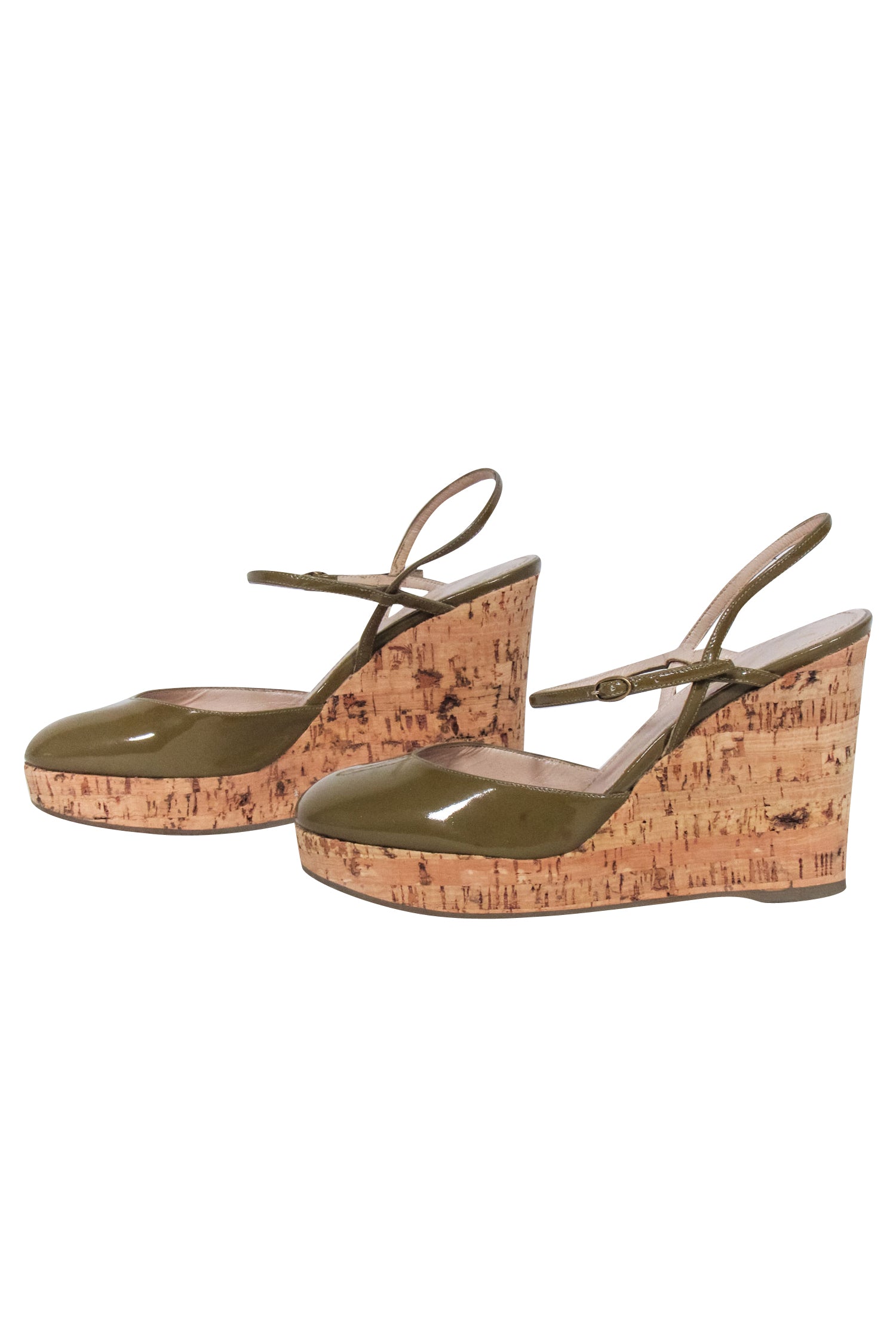 Yves Saint Laurent Olive Patent Leather Round Toe Wedges - Size 5 Summer Must-Have