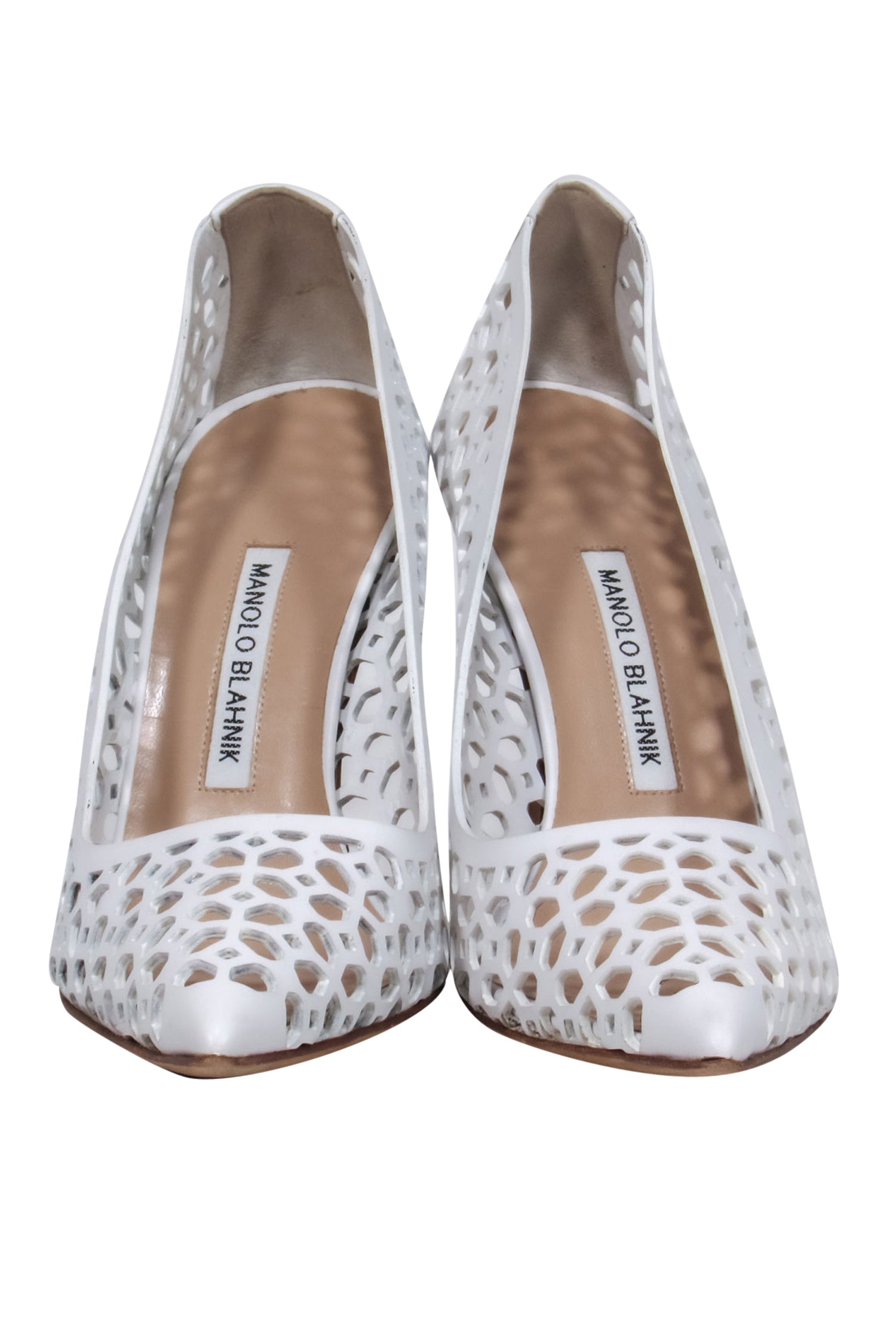 Manolo Blahnik White Leather Laser-Cut Pointed Toe Pumps - Size 10, A Stunning Statement Piece