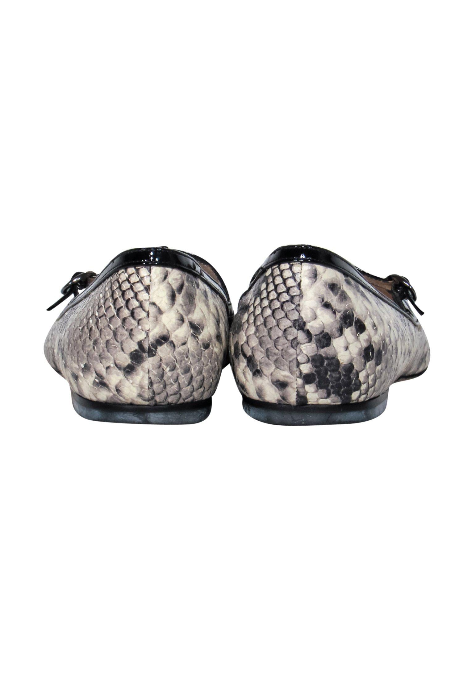 M. Gemi Gray Snakeskin & Patent Leather T-Strap Pointed Toe Flats - Size 7: Chic & Playful!