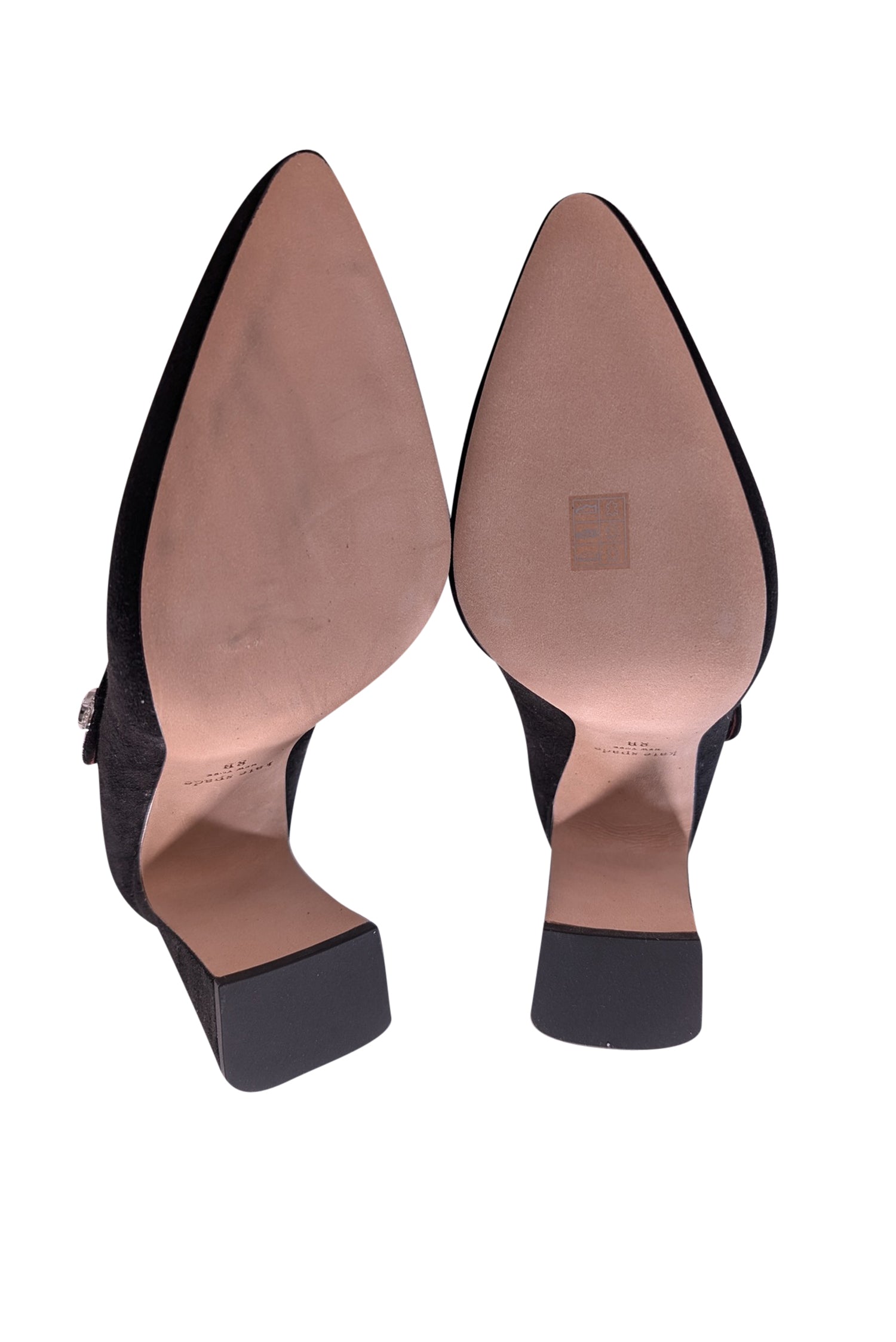 Kate Spade's Stunning Black Suede Pointed Toe Pumps with Gemstone Closure - Size 8