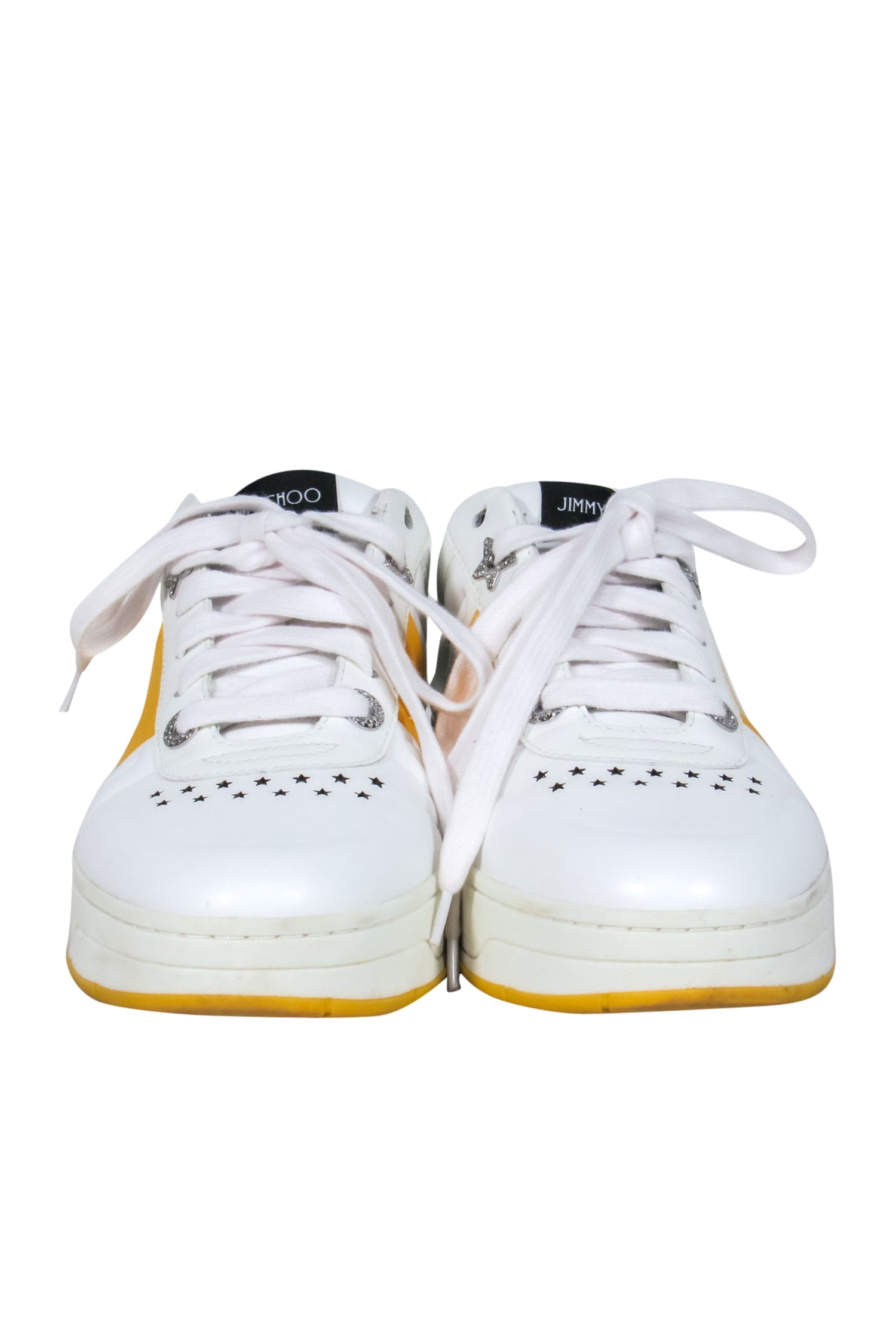 Jimmy Choo's Stunning White & Yellow Leather Lace - Up Sneakers with Crystal Star Hardware, Size 7.5