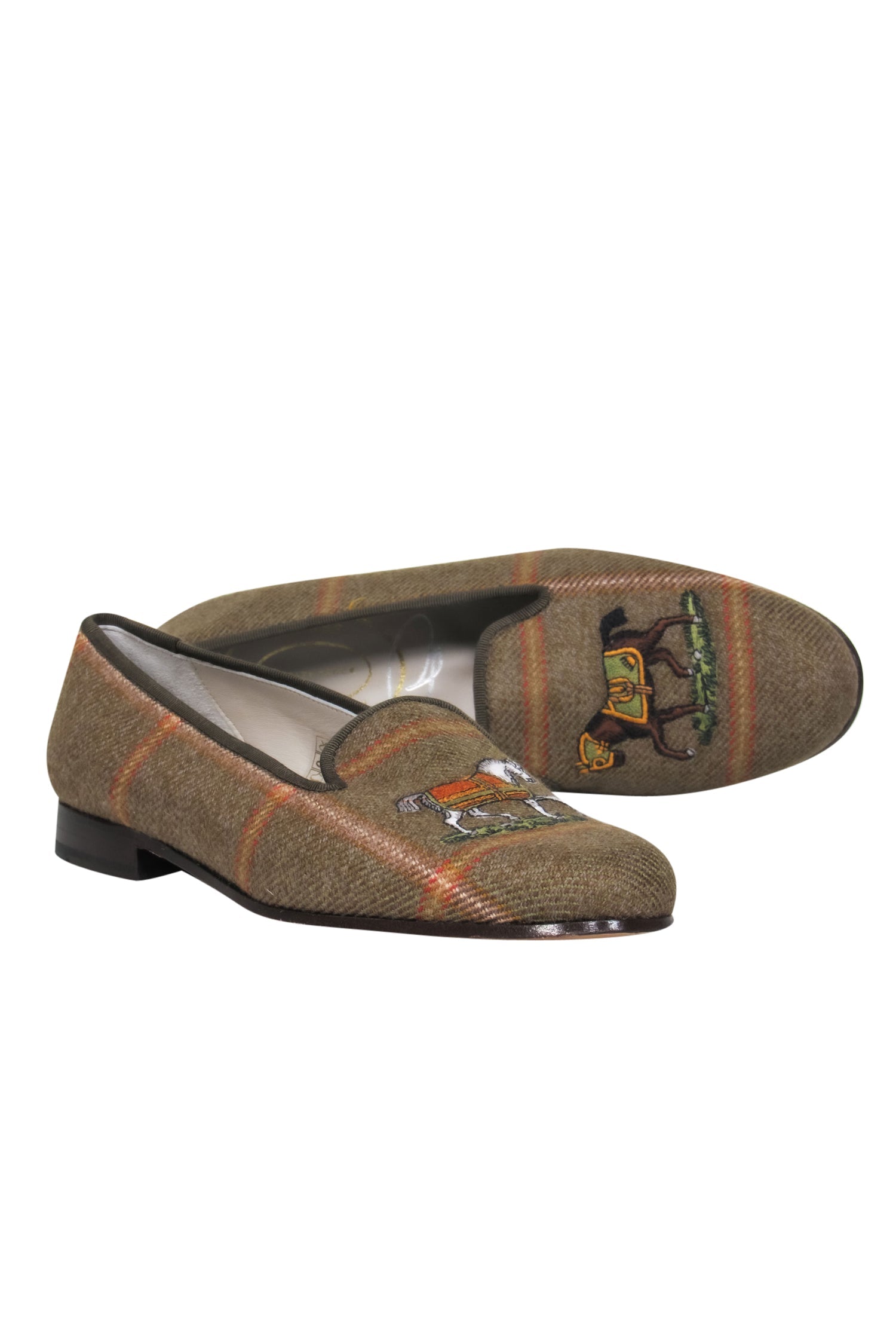 Stubbs & Wootton - Elegant Green Plaid Woven Slipper Flats with Equestrian Embroidery, Size 9