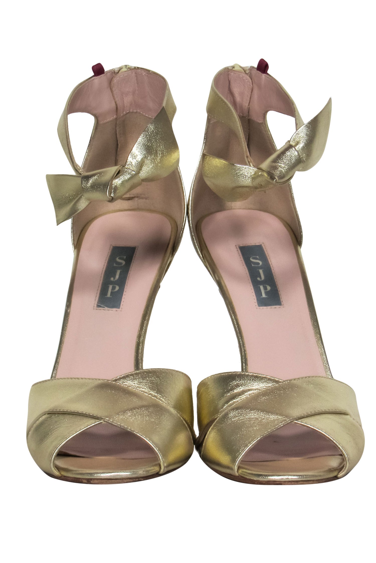 SJP by Sarah Jessica Parker - Glamorous Gold Leather 'Buckingham' Strappy Pumps with Bow, Size 10