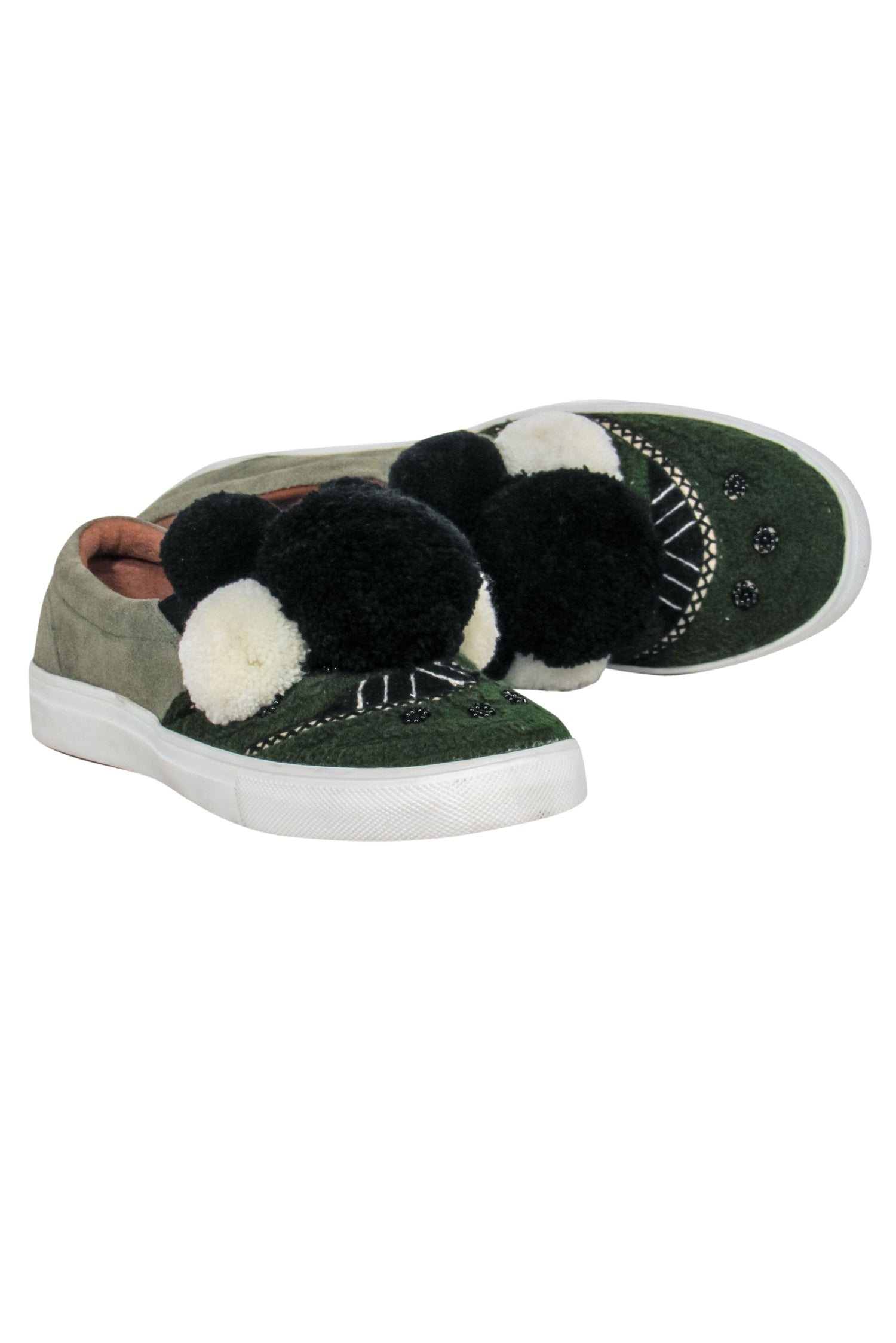 Figue Olive Green Suede Slip-on Sneakers with Pom-Poms - Size 9.5