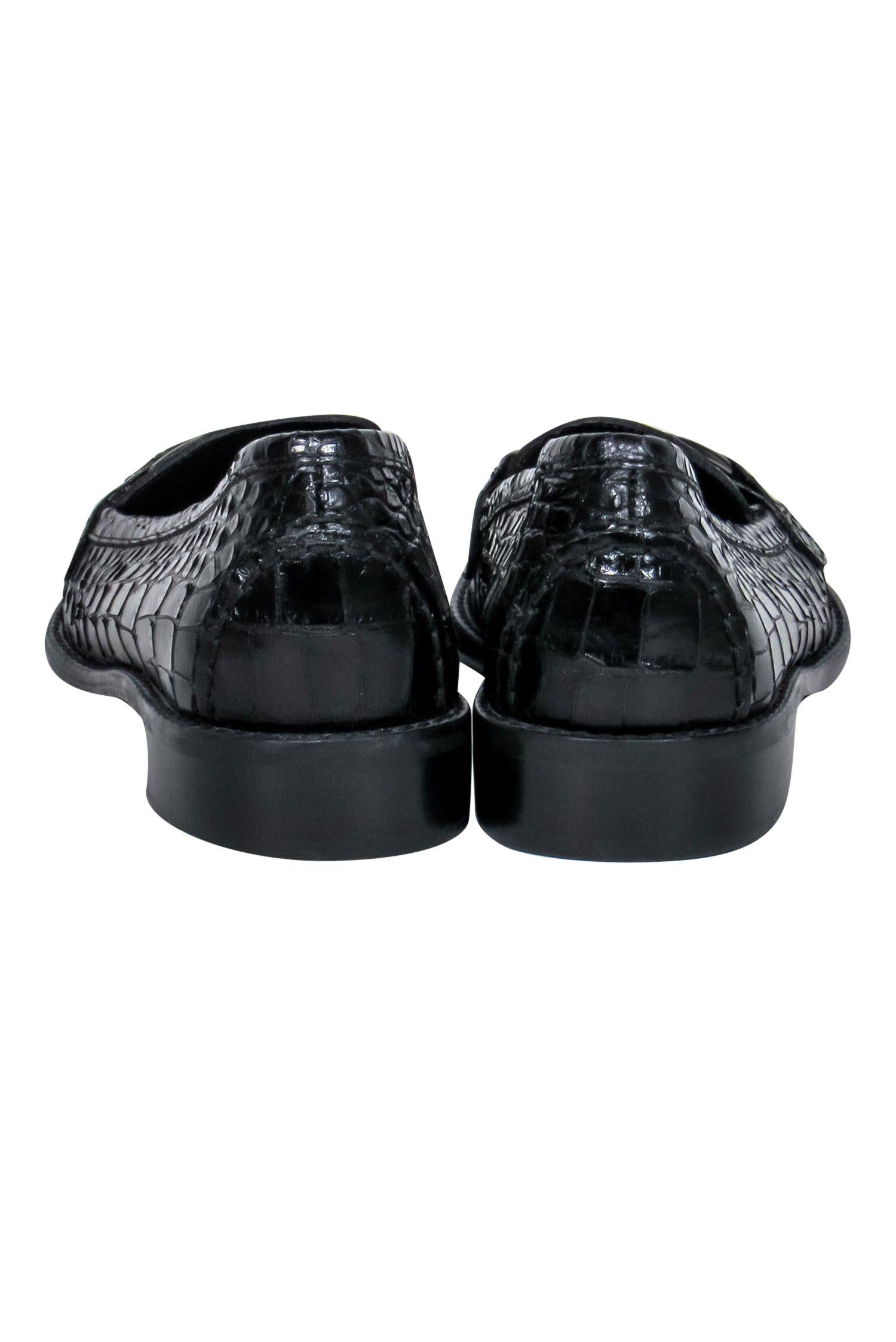 Stuart Weitzman's Stunning Black Reptile Textured Loafers with Horsebit Buckle - Size 8.5