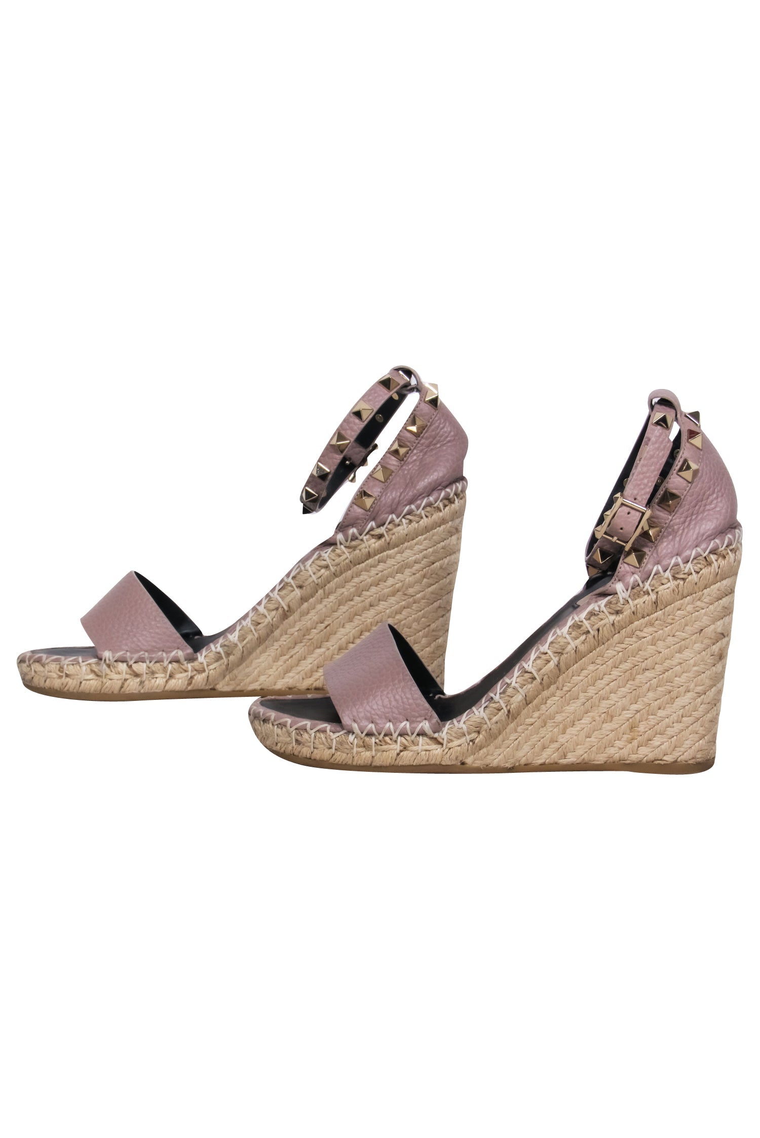 Valentino Nude Calfskin Leather Rock-Stud Espadrille Wedges with Ankle Strap - Size 7