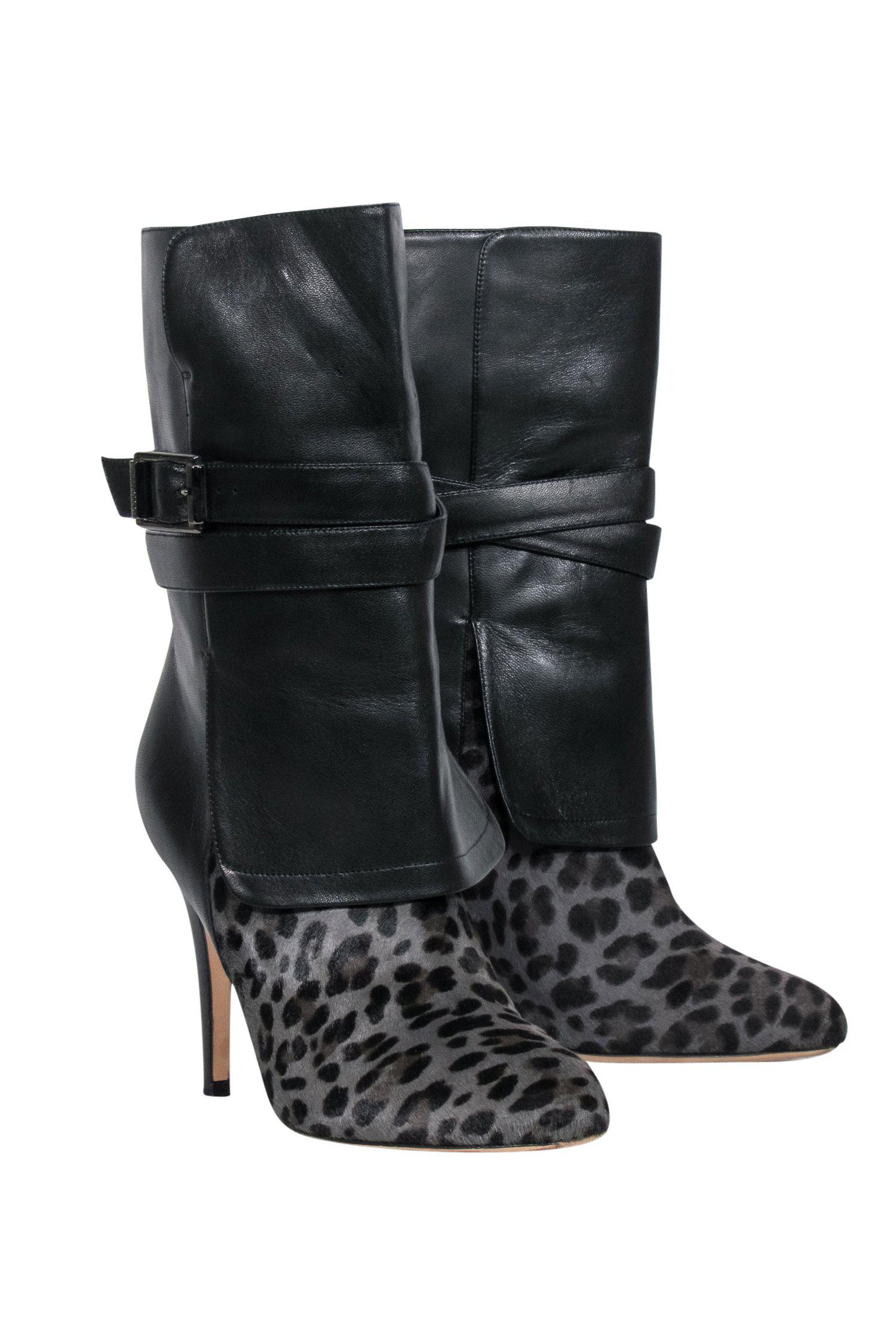 Jimmy Choo Black & Leopard Print Leather & Calf Hair Heeled Booties - Size 8 - Exquisite Clubwear