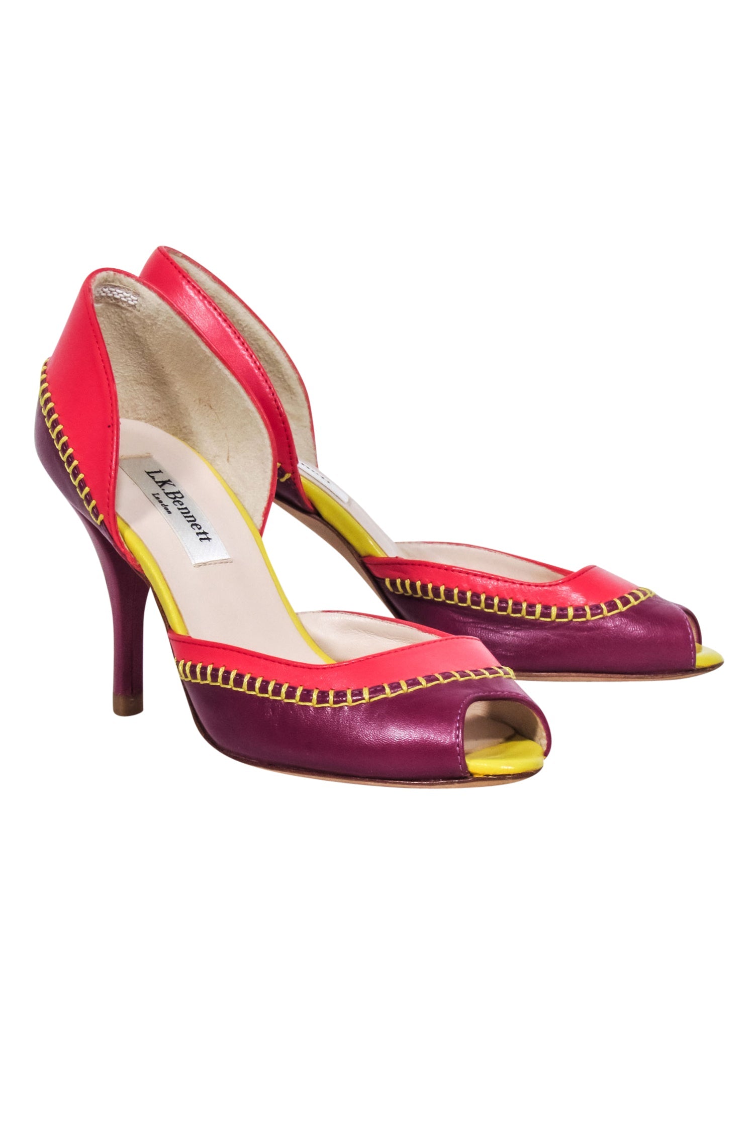 L.K. Bennett - Stunning Purple, Pink & Yellow Peep Toe Pumps with Contrast Stitching, Size 4