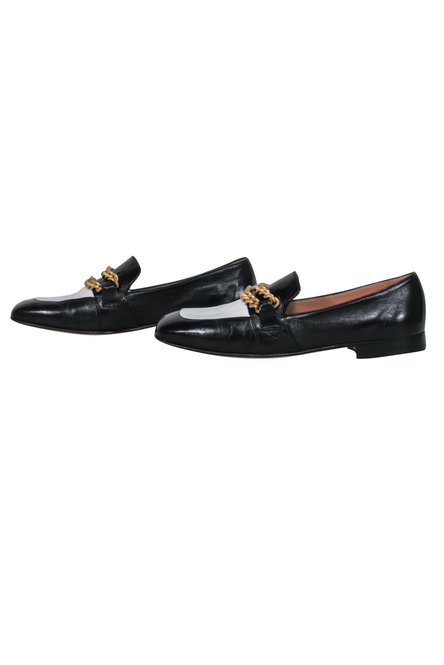 Mara Bini - Stunning Black & White Color Block Loafers with Gold Chain, Size 7.5