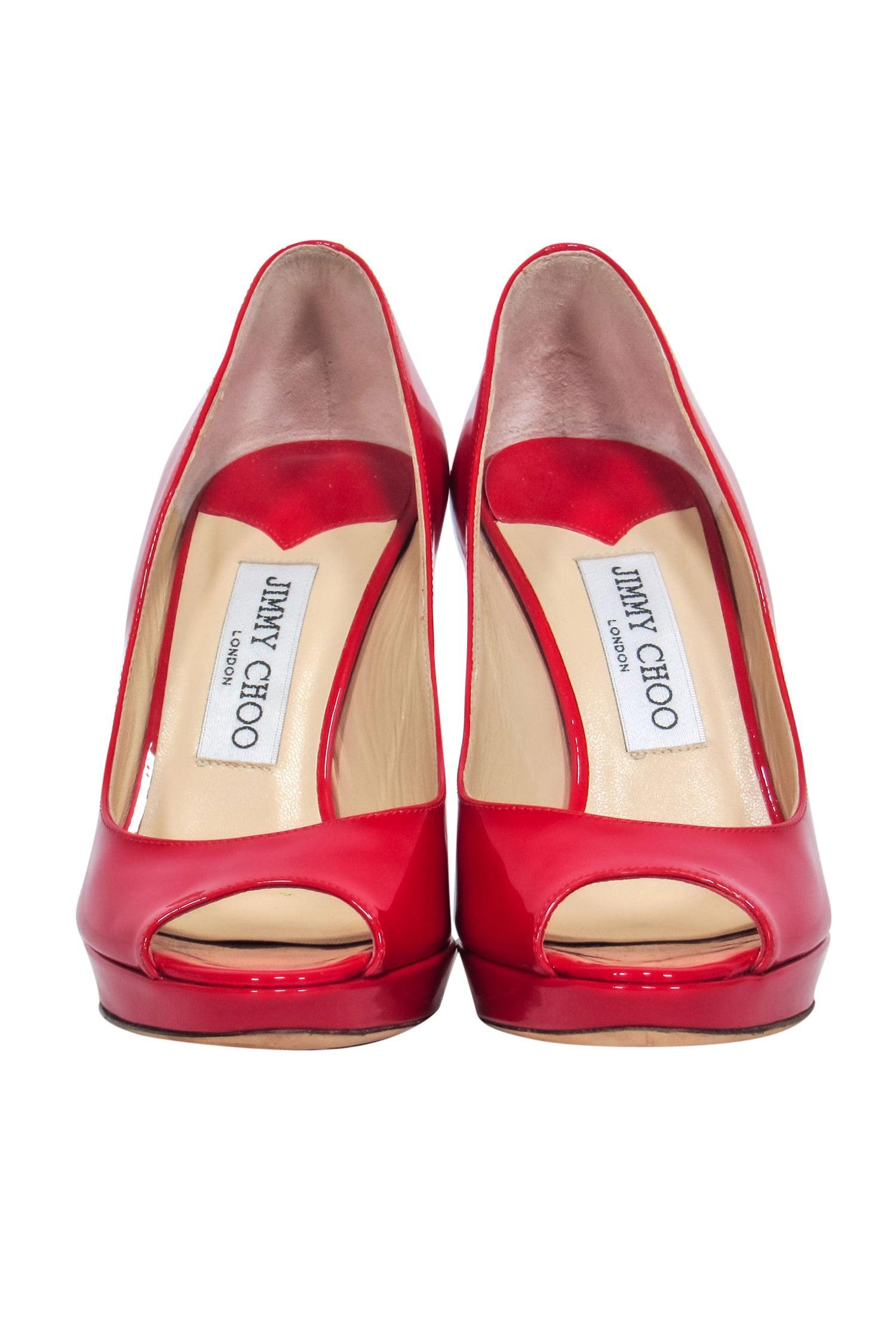 Jimmy Choo Red Patent Leather Luna Peep - Toe Pumps, Size 6