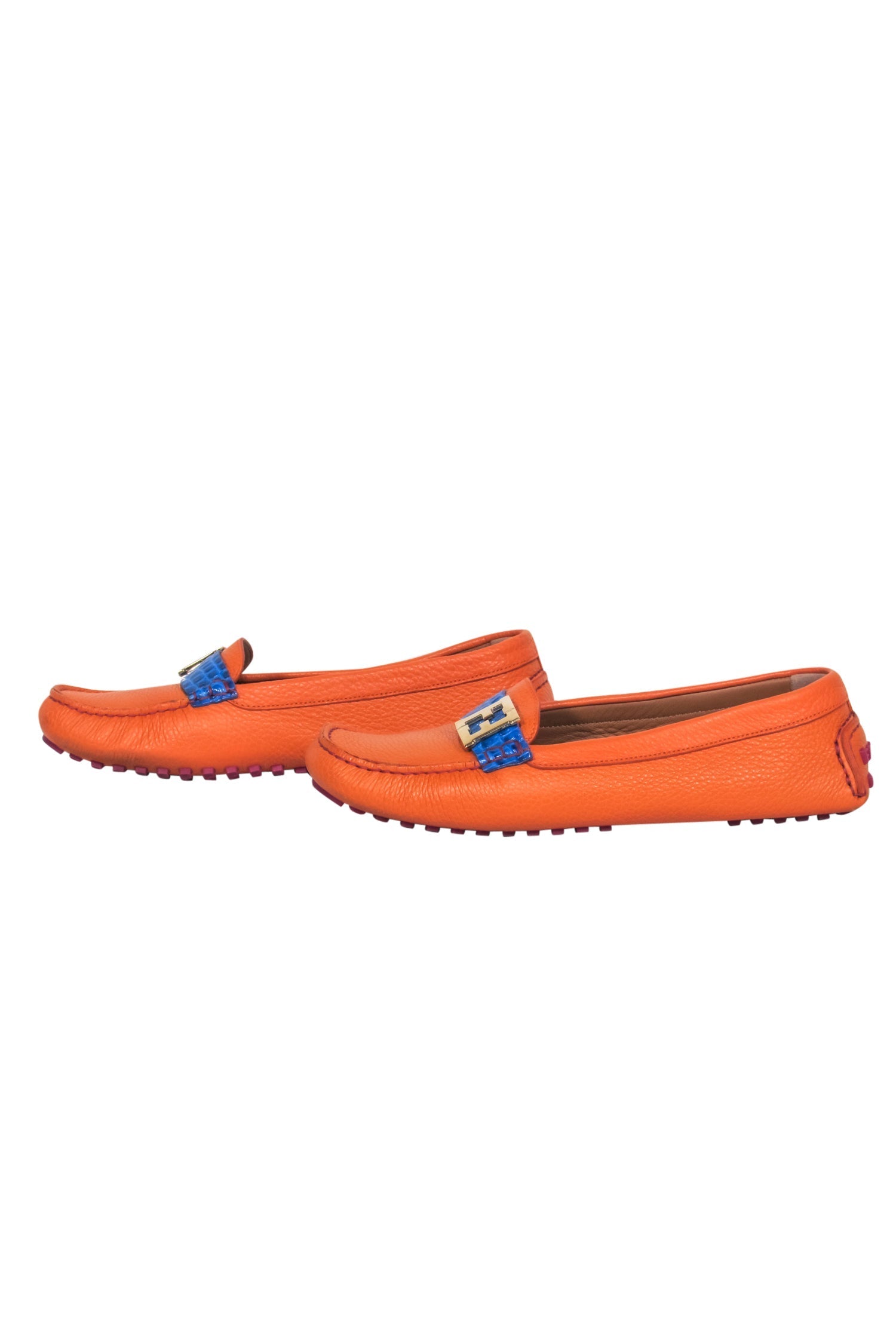Fendi Orange Pebbled Leather Loafers with Blue Crocodile Strap - Size 10.5