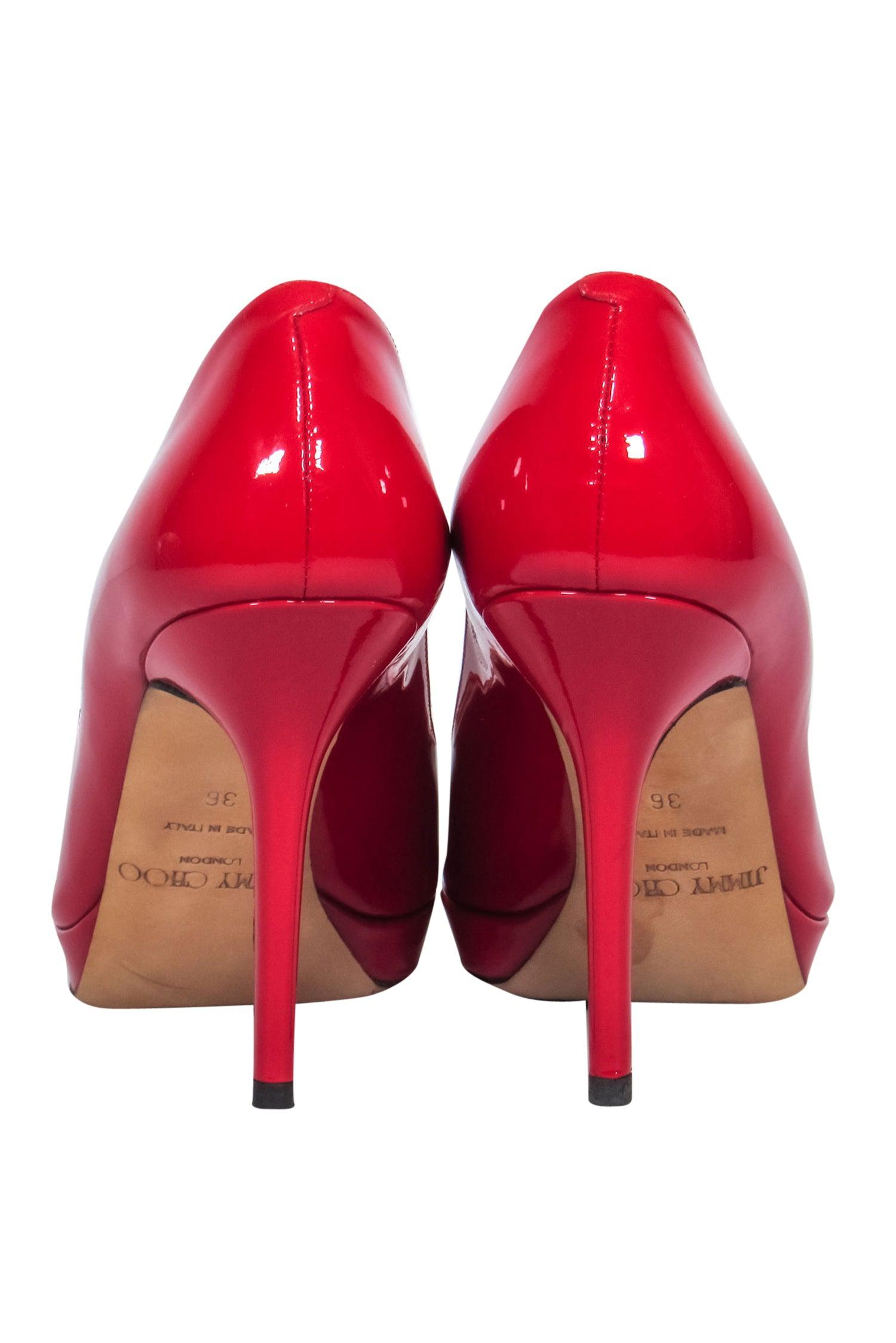 Jimmy Choo Red Patent Leather Luna Peep - Toe Pumps, Size 6