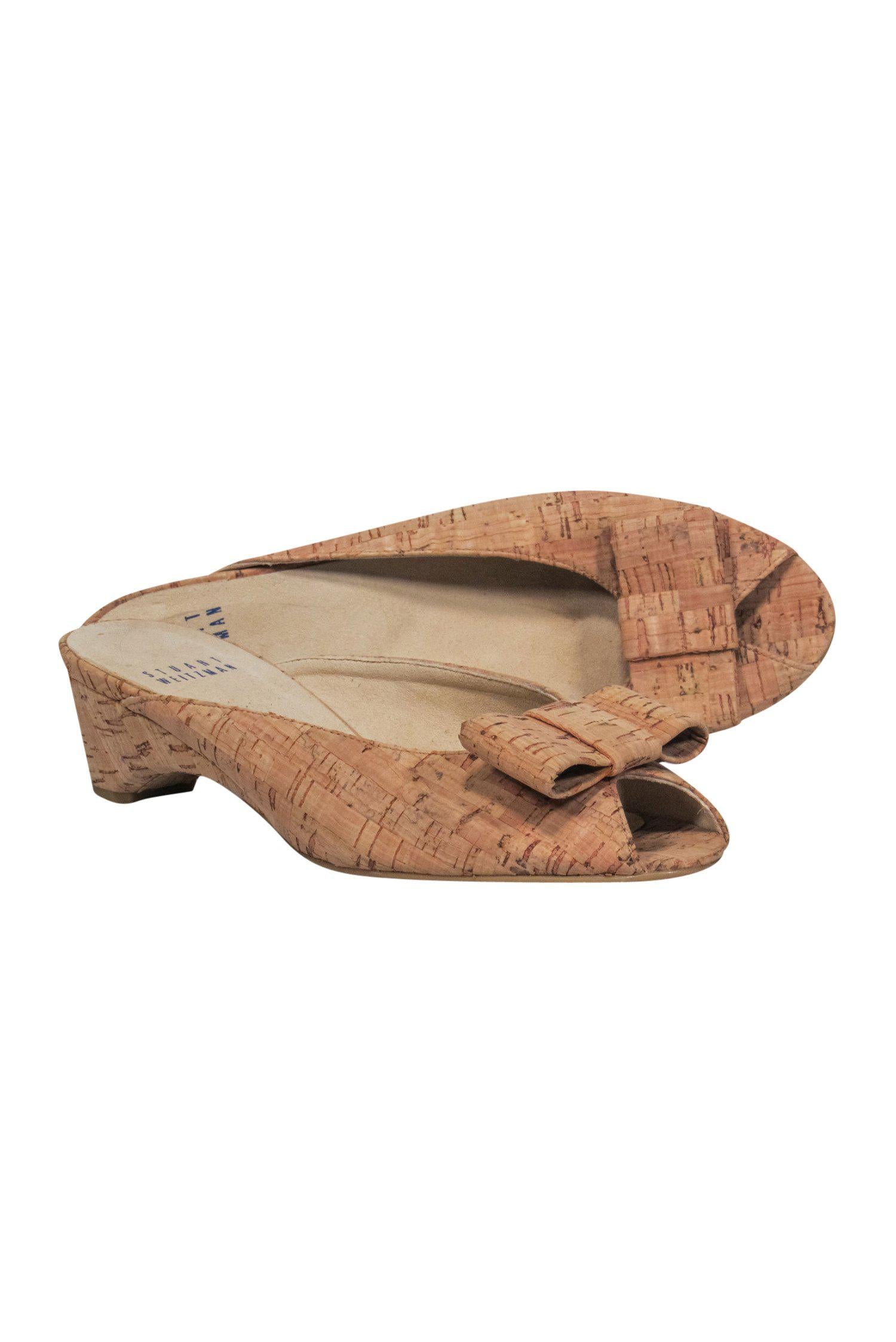 Stuart Weitzman - Chic Beige Cork Peep Toe Kitten Heels with Bow, Size 7