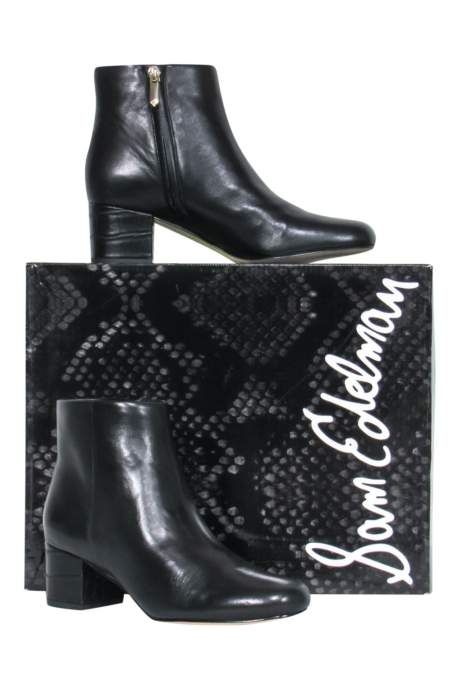 Sam Edelman's Black Leather Edith Booties: Alligator Embossed Block Heel, Size 6