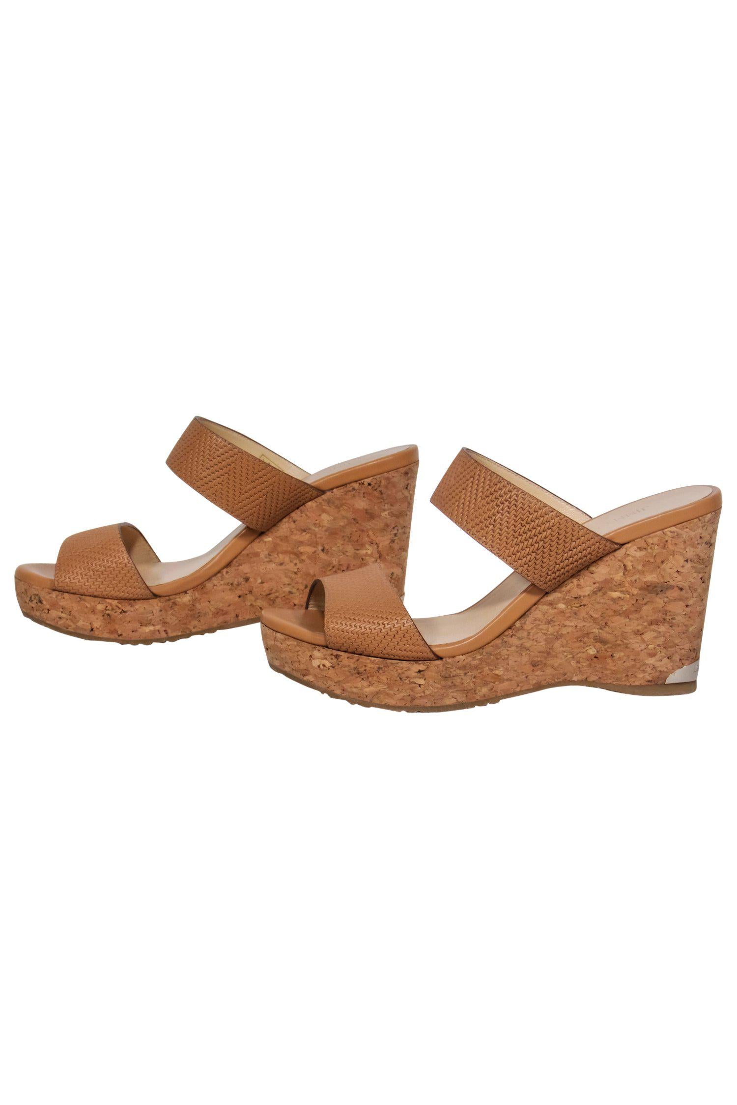 Jimmy Choo Tan Textured Leather Strappy Cork Wedges - Size 8 - Summer Fashion Must-Have