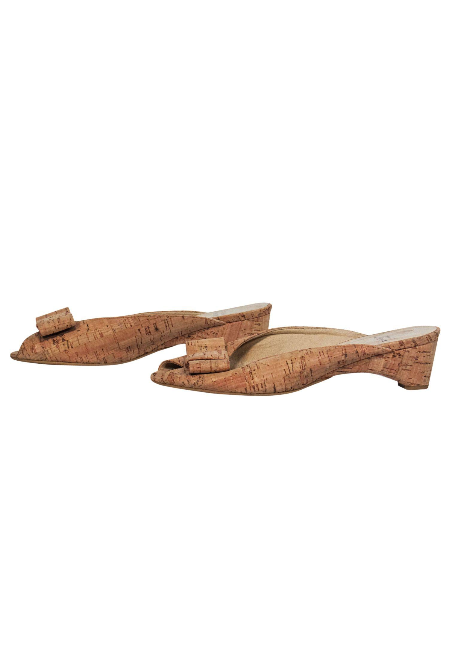 Stuart Weitzman - Chic Beige Cork Peep Toe Kitten Heels with Bow, Size 7