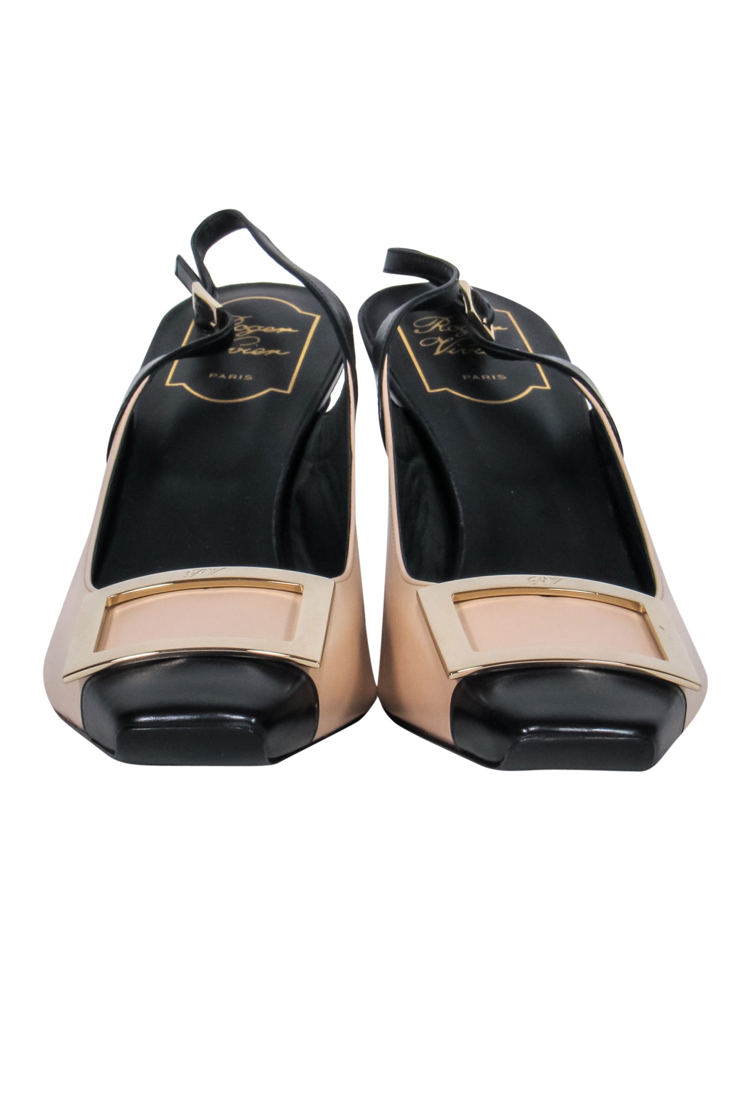 Roger Vivier Nude & Black Square Buckle Slingback Kitten Heels - Size 12 - Irresistible Style!