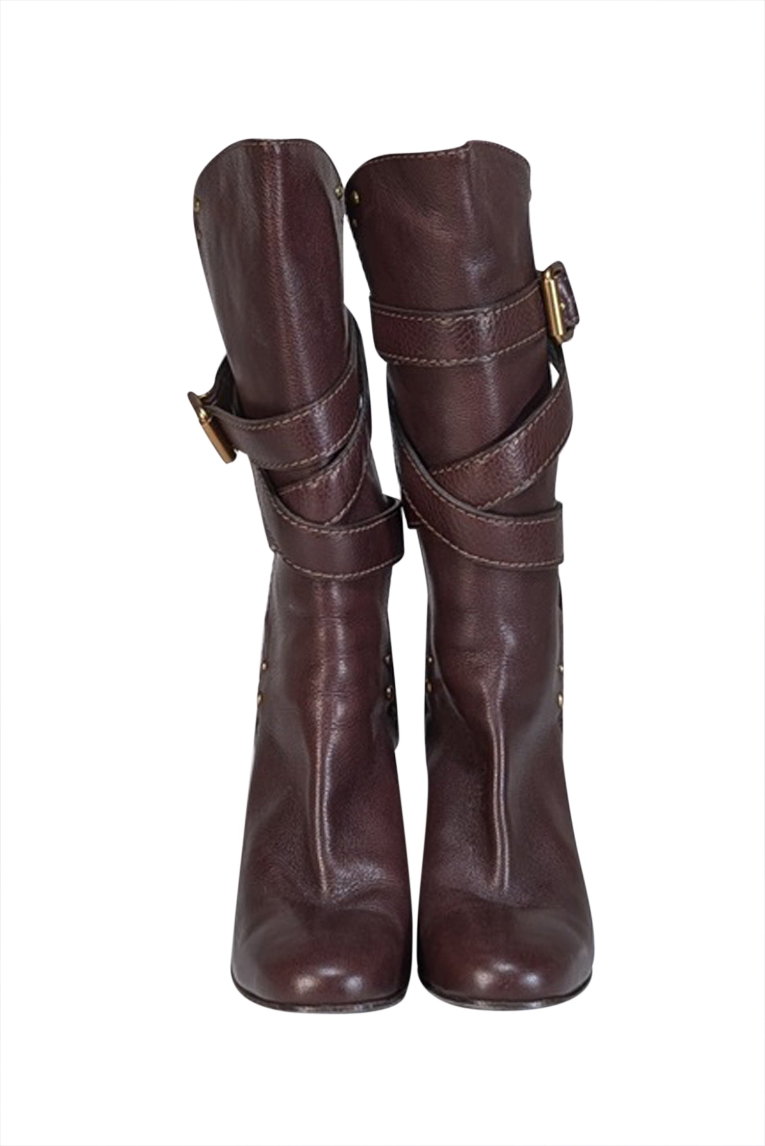 Chloe's Stunning Brown Leather Wrap - Around Buckle Tall Boots, Size 10.5