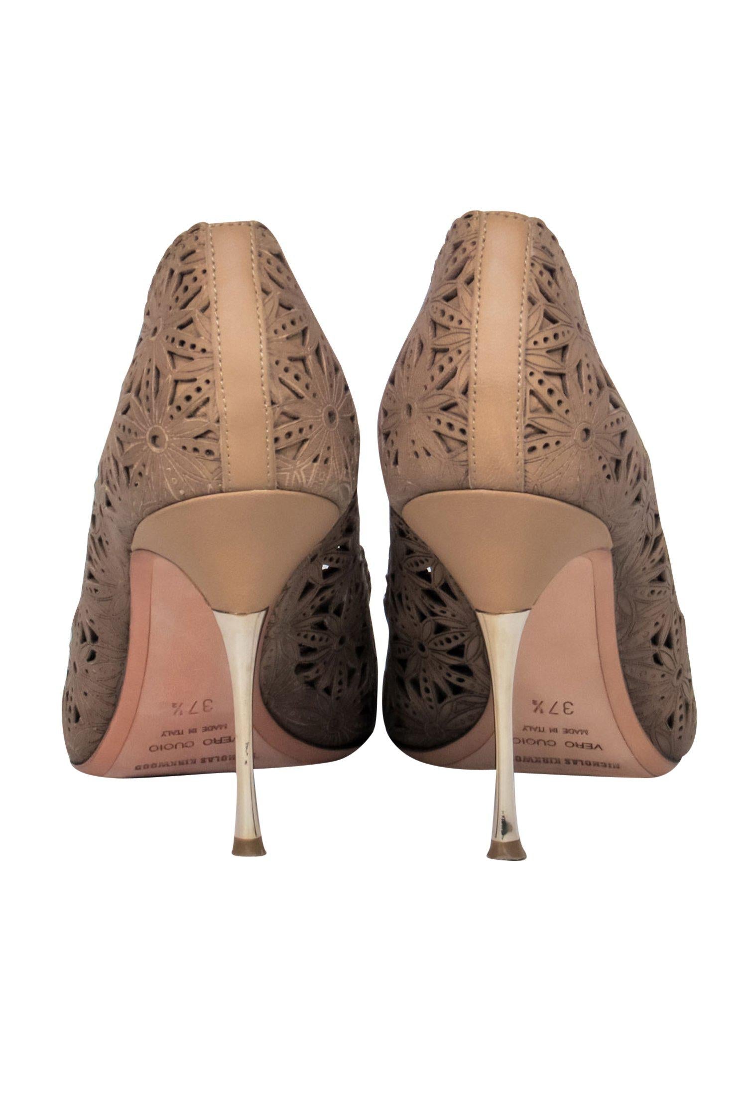 Nicholas Kirkwood's Enchanting Brown Leather Laser - Cut Floral Pumps in Size 7.5