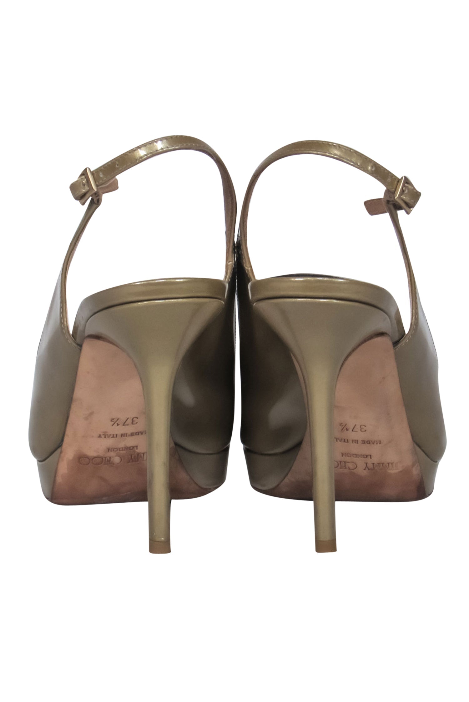 Jimmy Choo Gold Patent Leather Open Toe Slingback Pumps - Size 7.5 - Timeless Elegance!